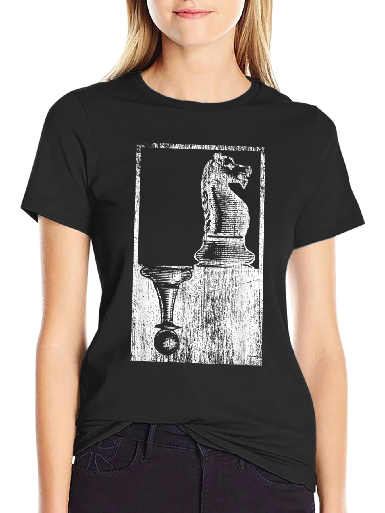 Black Chess Knight & Pawn Graphic Tee - Black Cotton Blend view 2