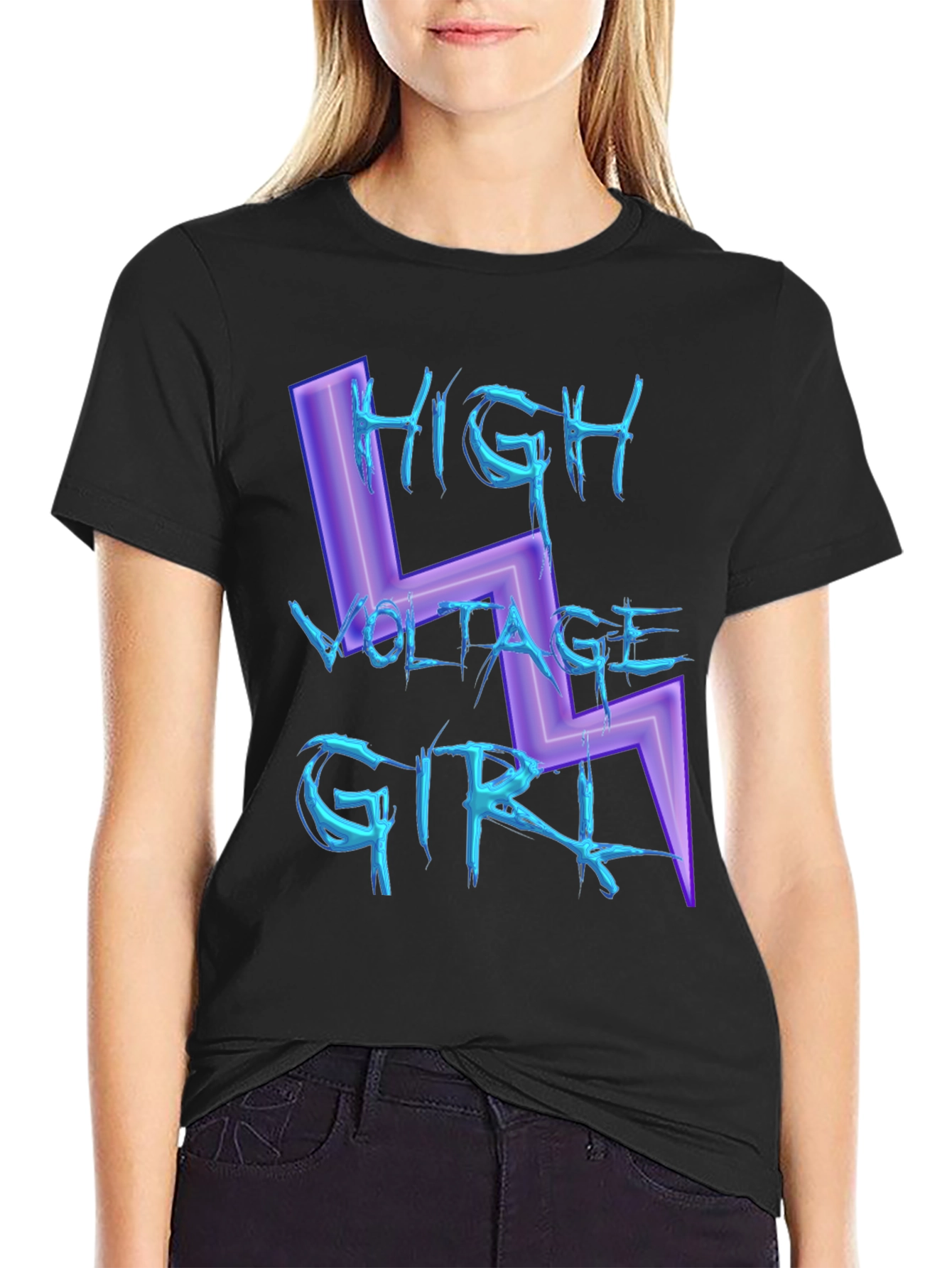 Black High Voltage Girl Graphic Print Black T-Shirt view 2