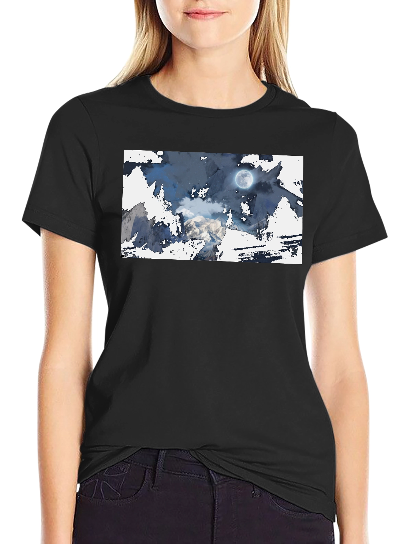 Black Moonlit Mountain Tee - Stylish Graphic Print view 2