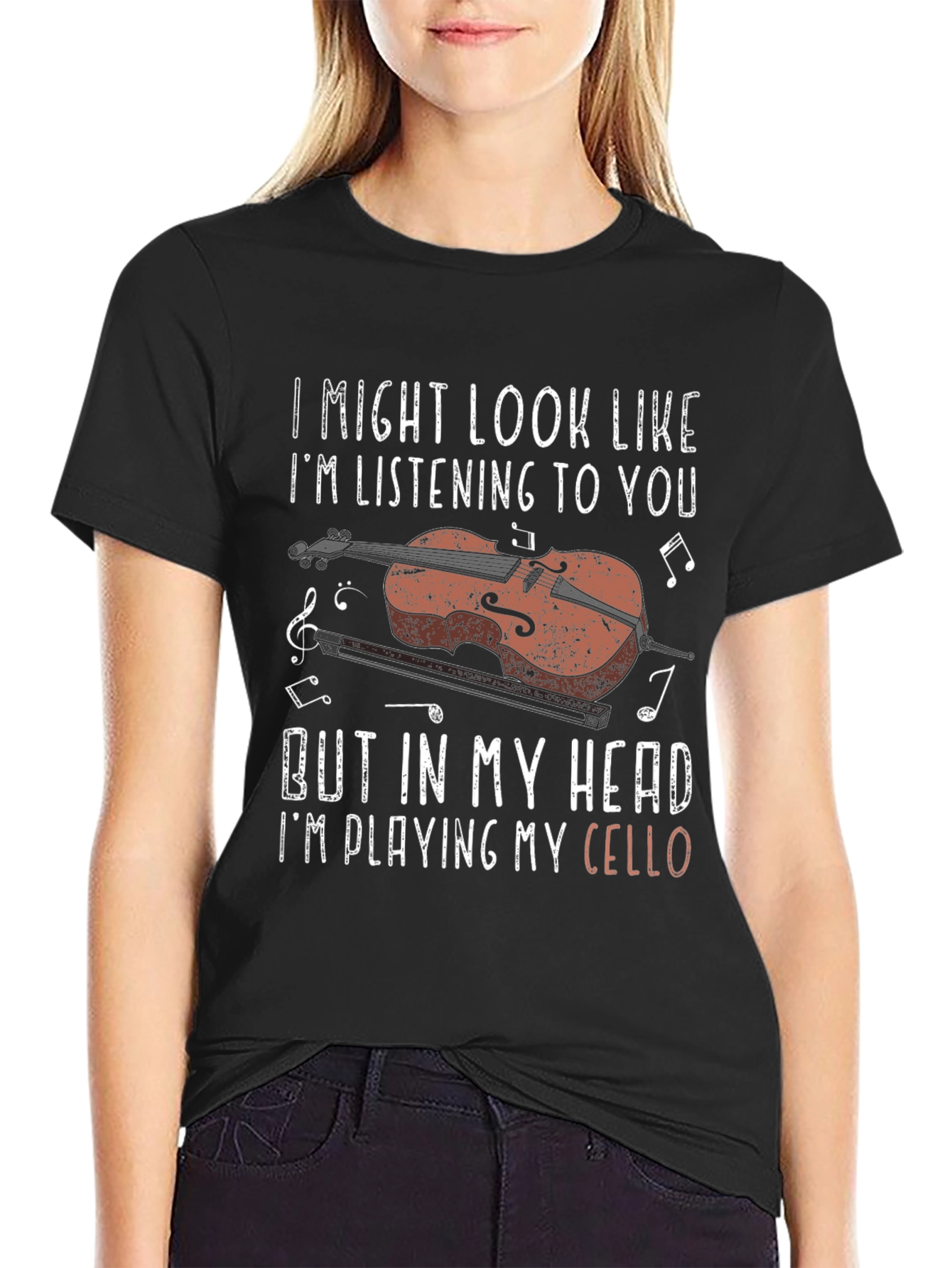 Black Cello Player Graphic Tee - I Might Look Like I'm Listening view 2