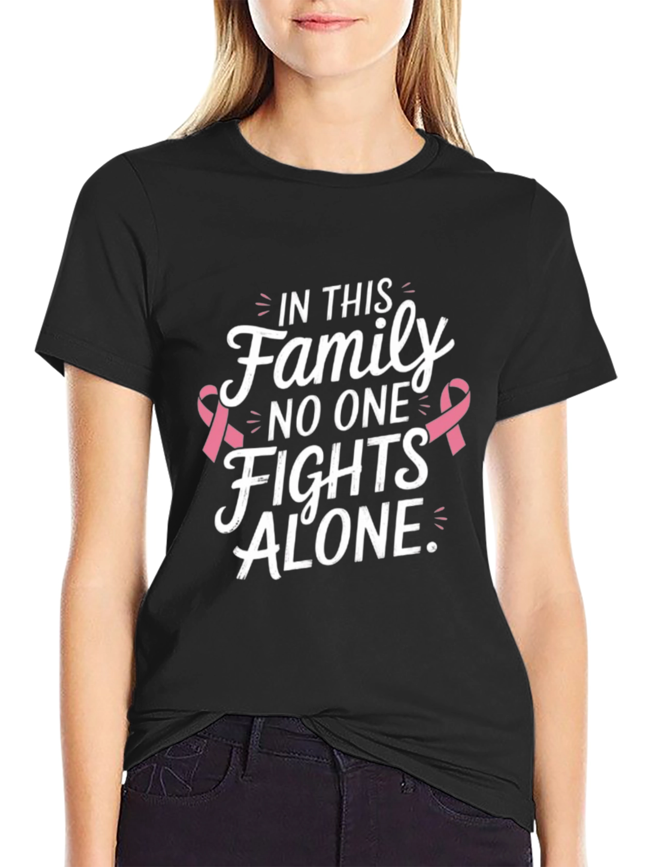 Black Family Fights Alone Breast Cancer Awareness T-Shirt view 2