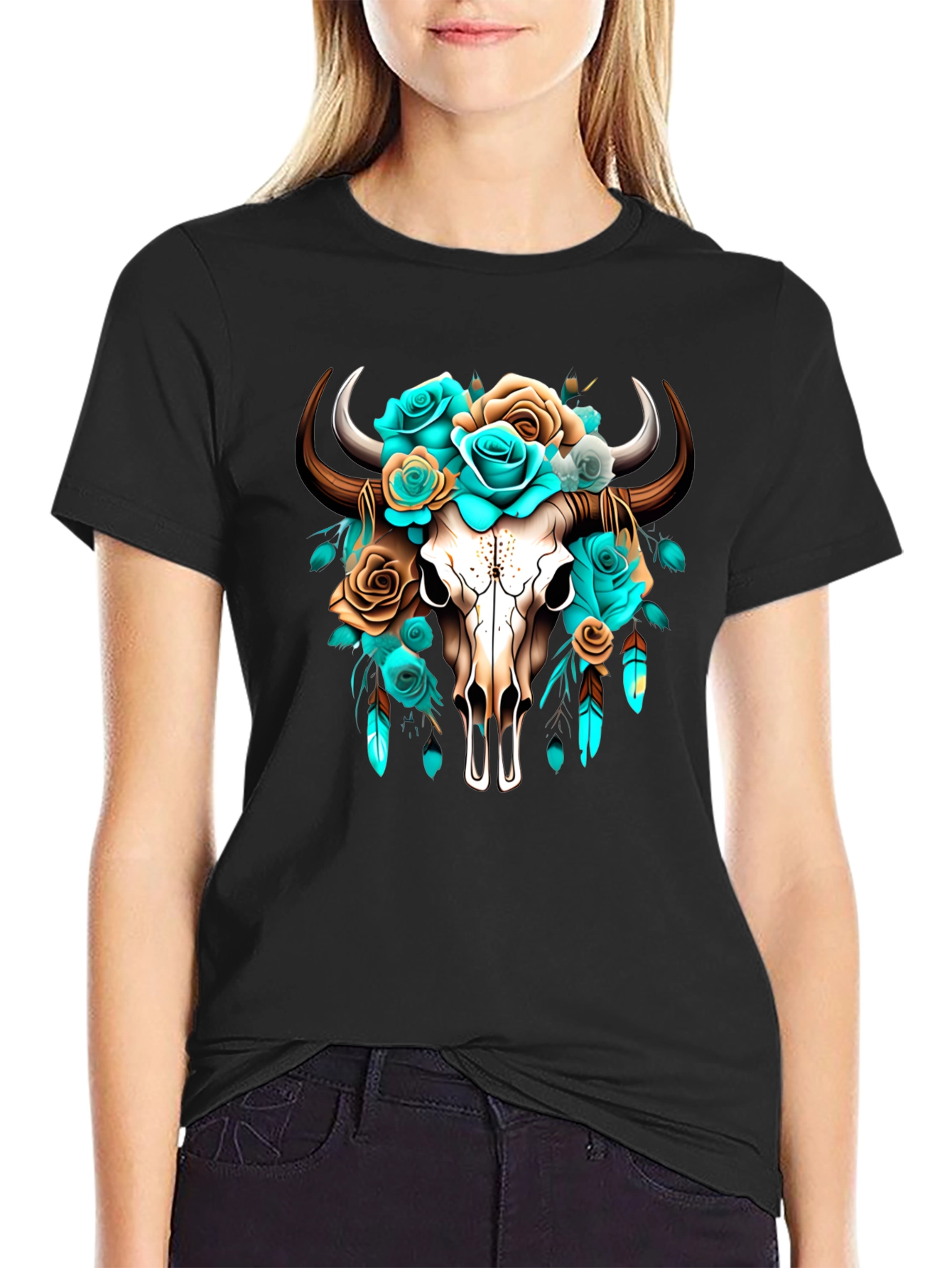 Black Floral Bull Skull Graphic Tee - Western Style view 2