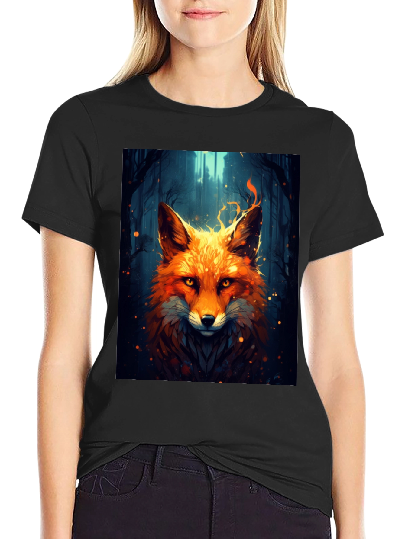 Black Fiery Fox Graphic Tee - Bold Animal Print Shirt view 2