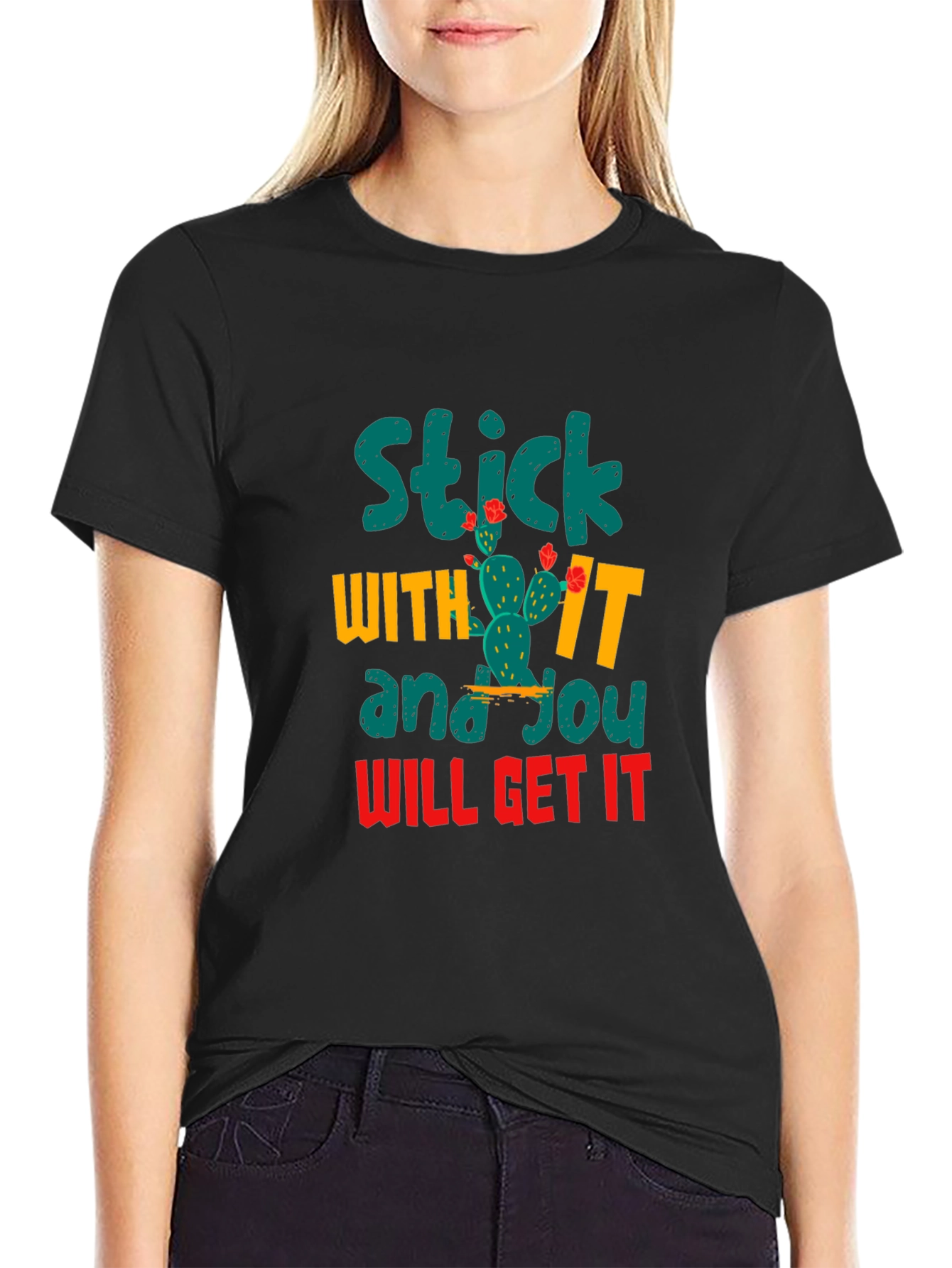 Black Motivational Cactus T-Shirt - Stick With It! view 2