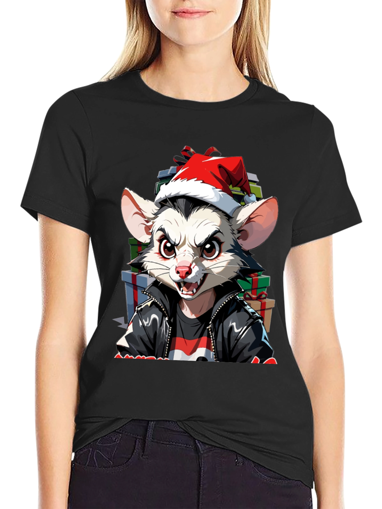 Black Festive Opossum Tee - Holiday Style view 2