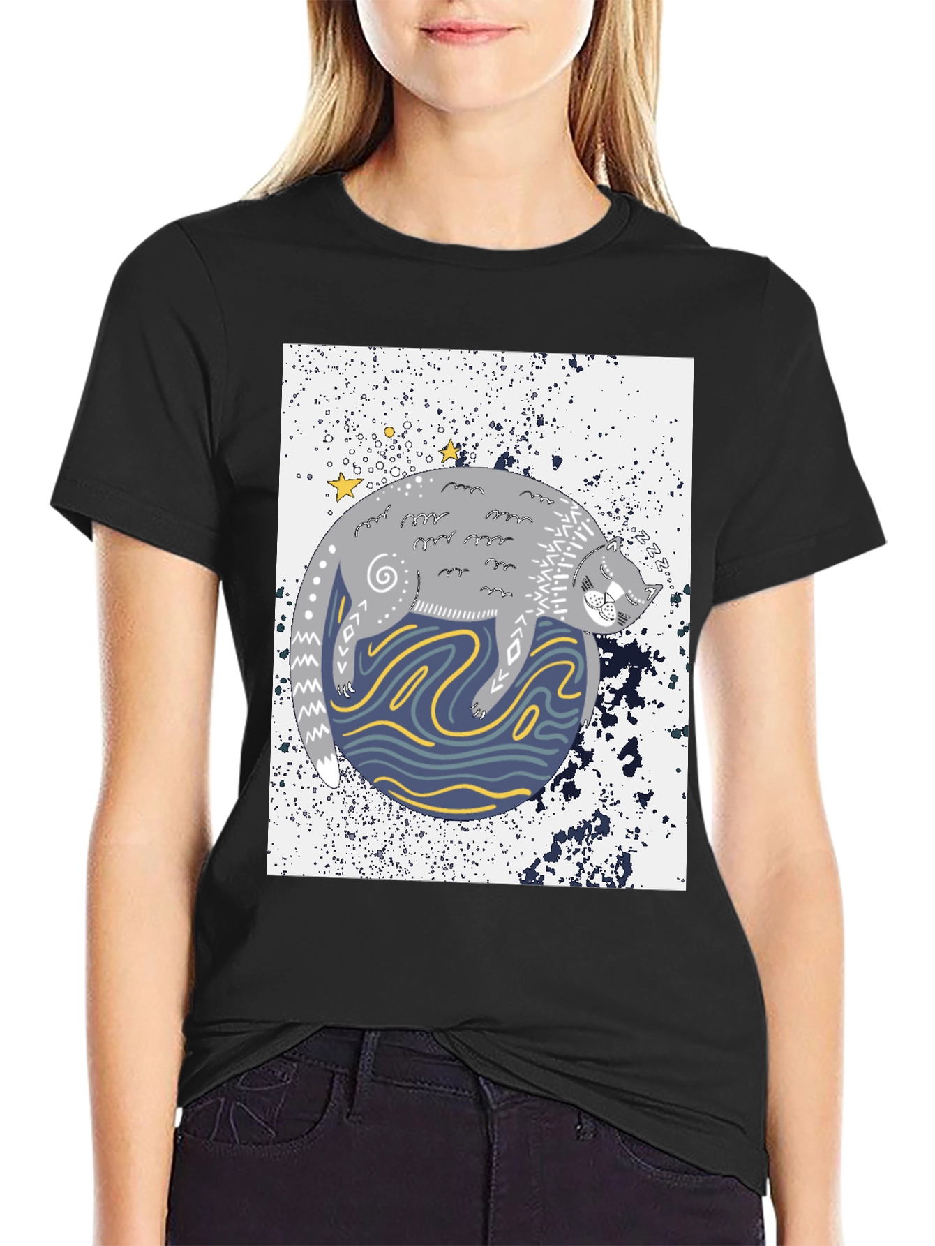 Black Cosmic Cat Black Graphic Tee view 2