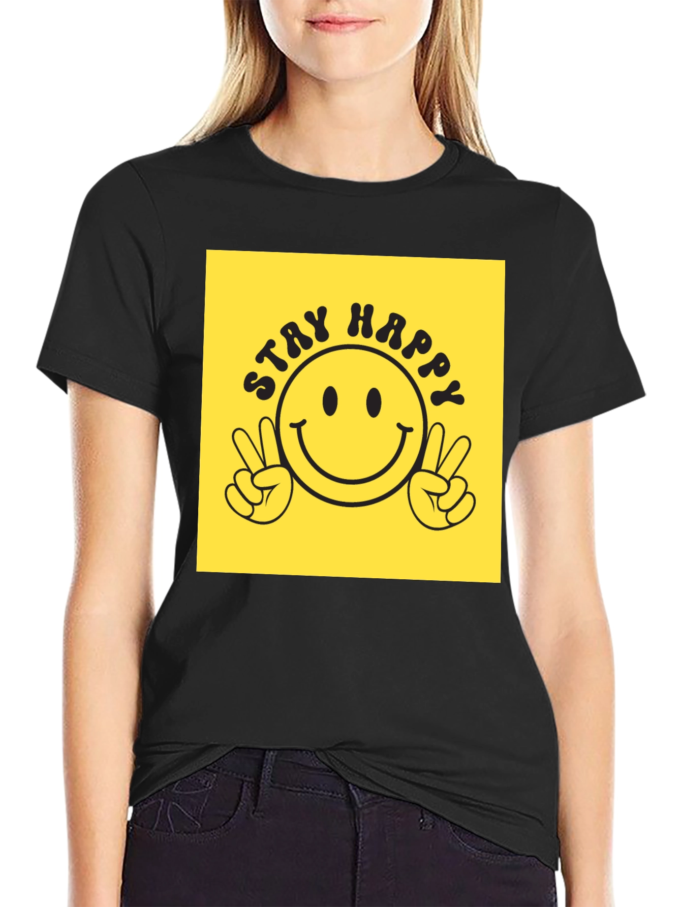 Black Stay Happy Graphic Tee - Retro Smiley Face T-Shirt view 2