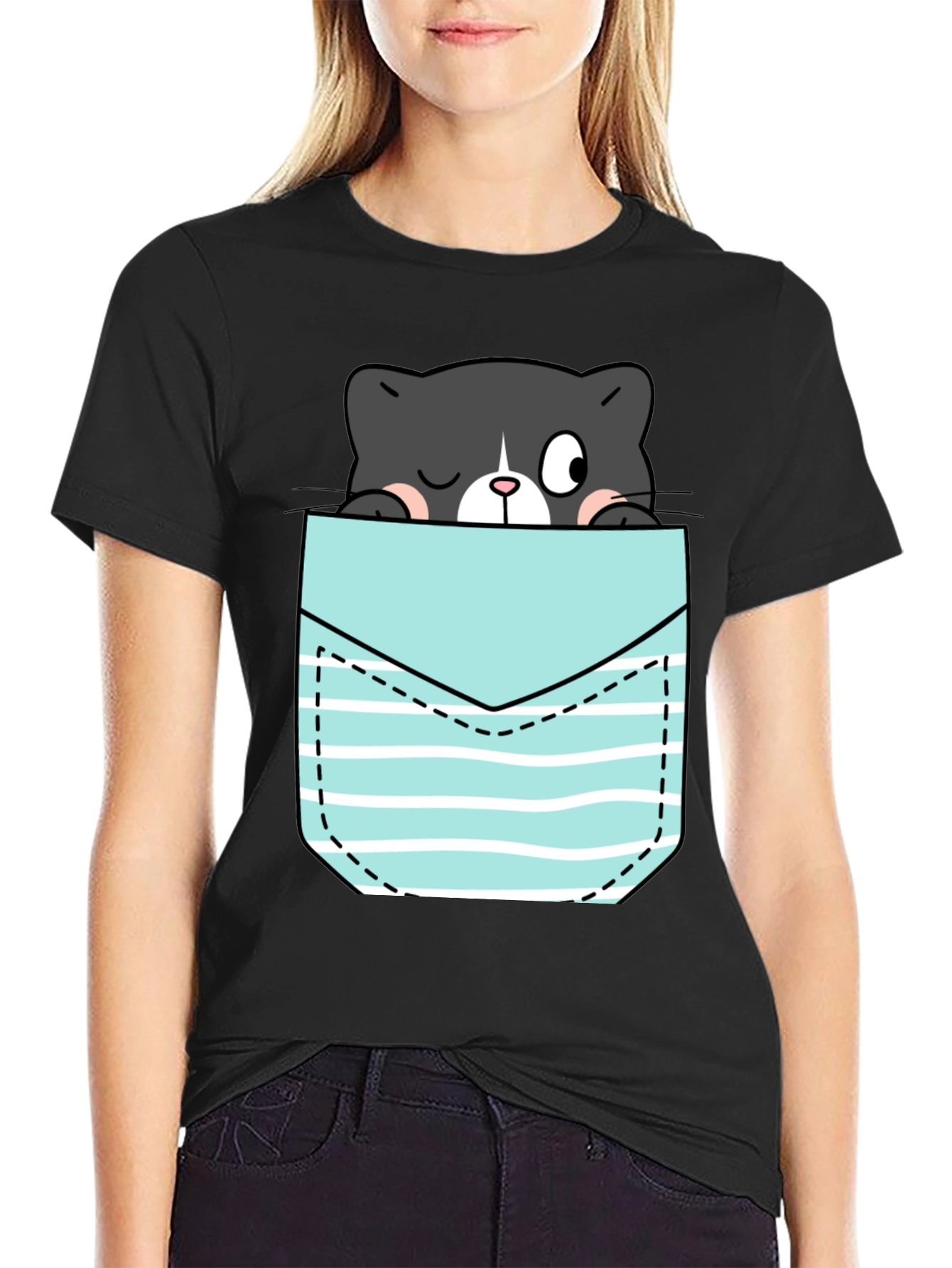 Black Black T-Shirt with Peek-a-Boo Cat Pocket Design view 2