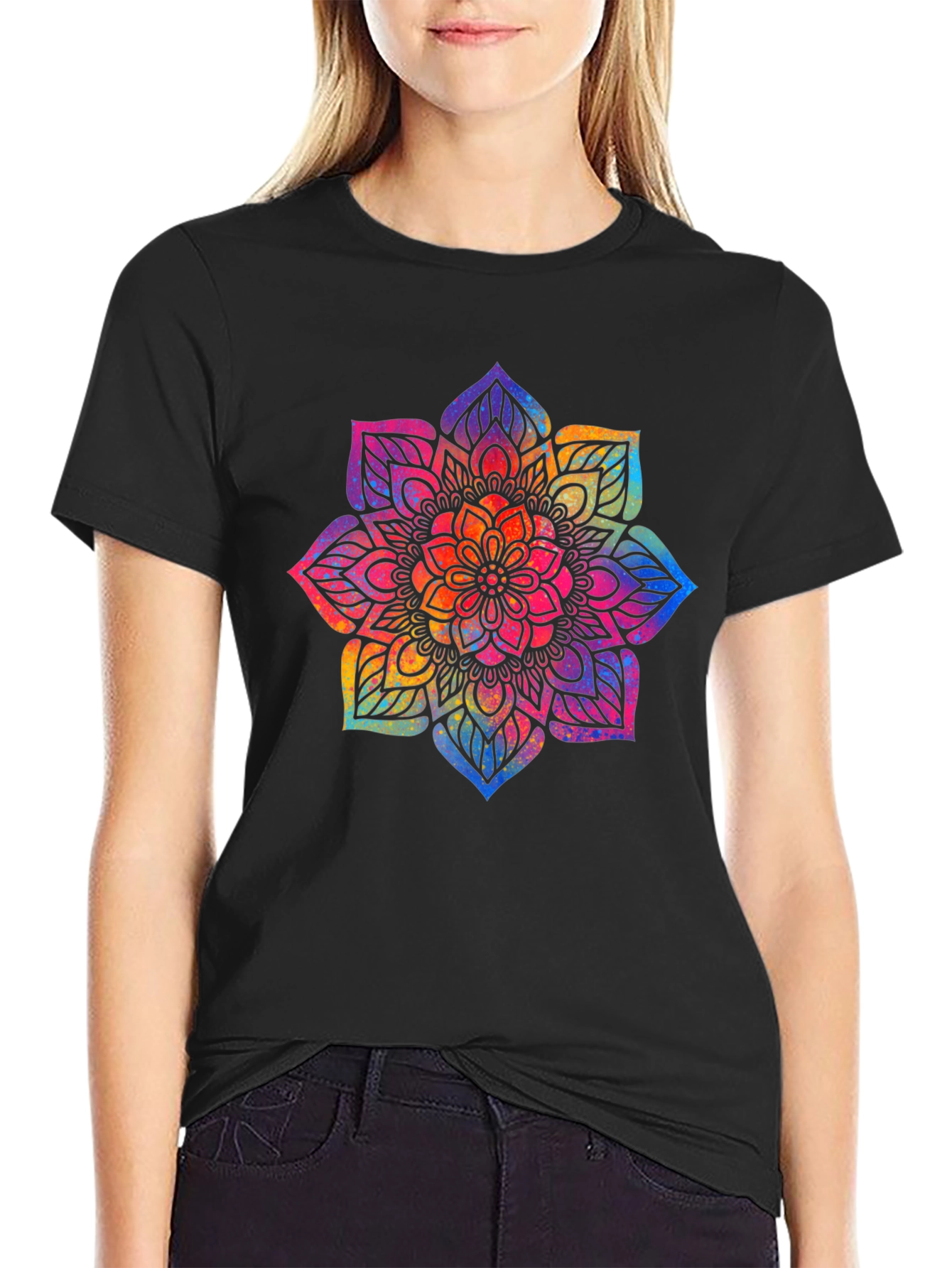 Black Vibrant Mandala Graphic Tee - Black Cotton Comfort view 2