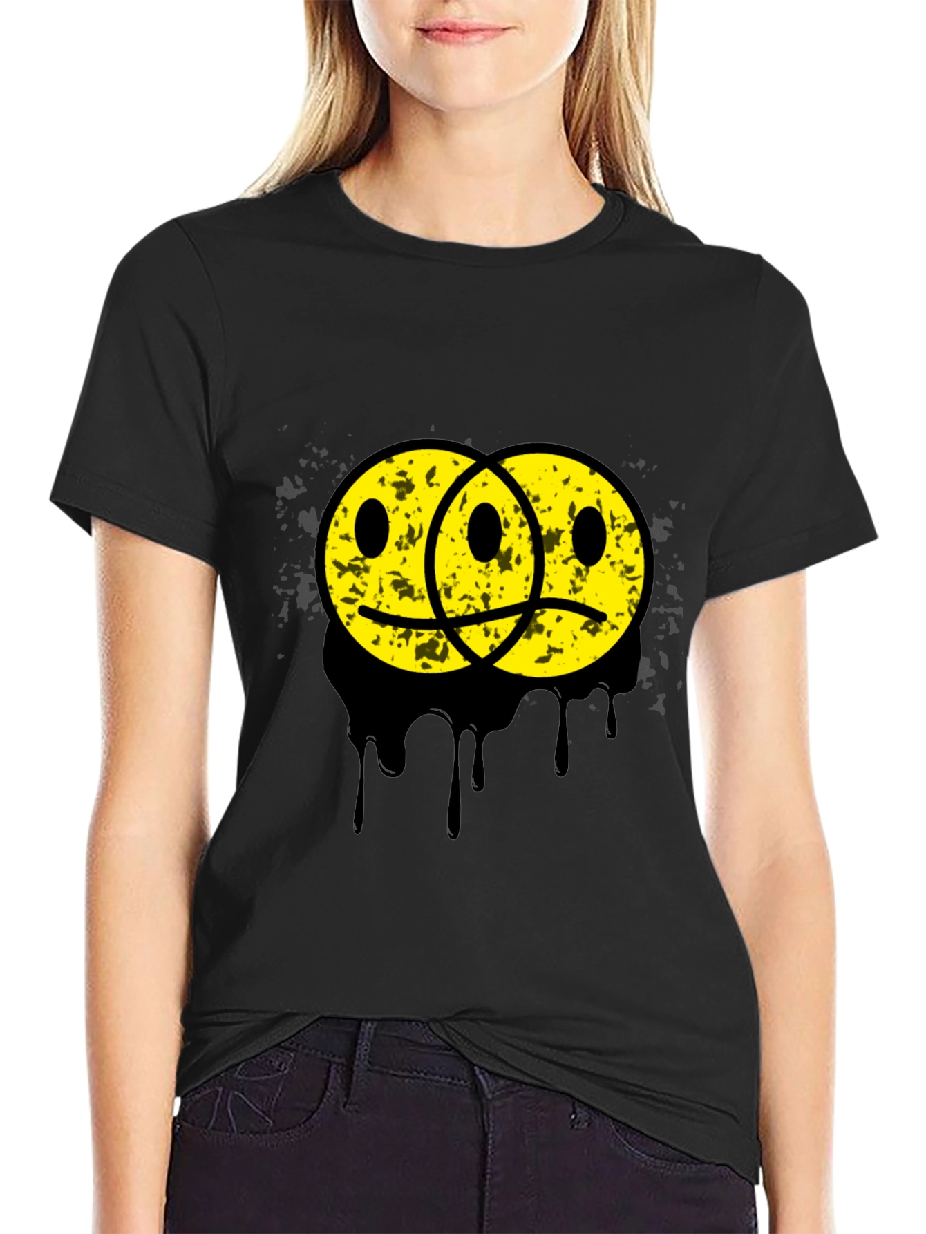 Black Sad Happy Face Graphic Tee - Unisex Black T-Shirt view 2