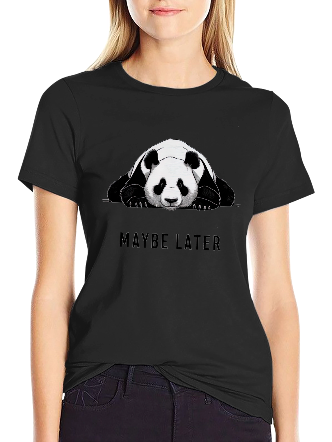 Black Lazy Panda Graphic Tee - "Maybe Later" Black Cotton T-Shirt view 2
