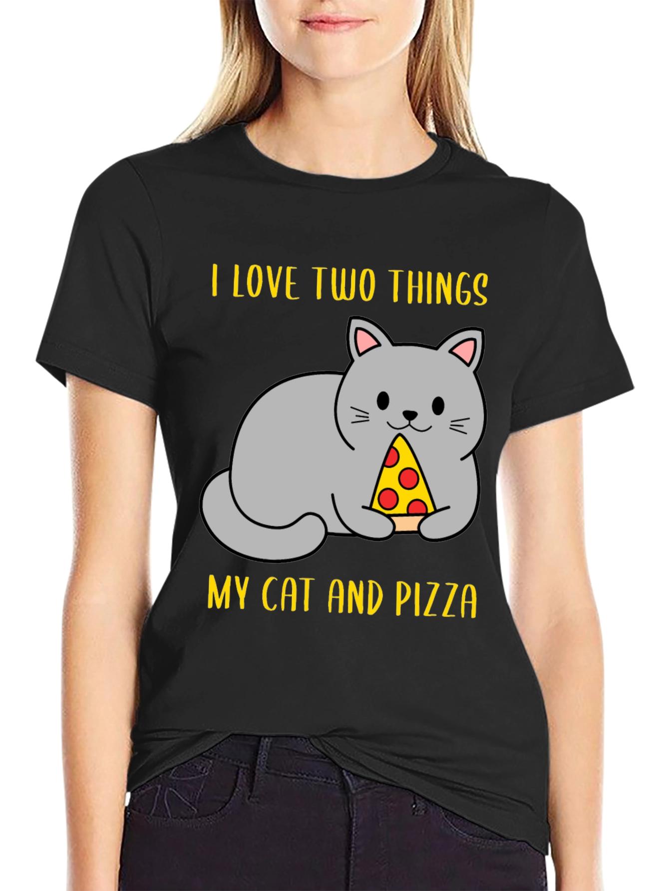 Black Funny Cat & Pizza T-Shirt view 2