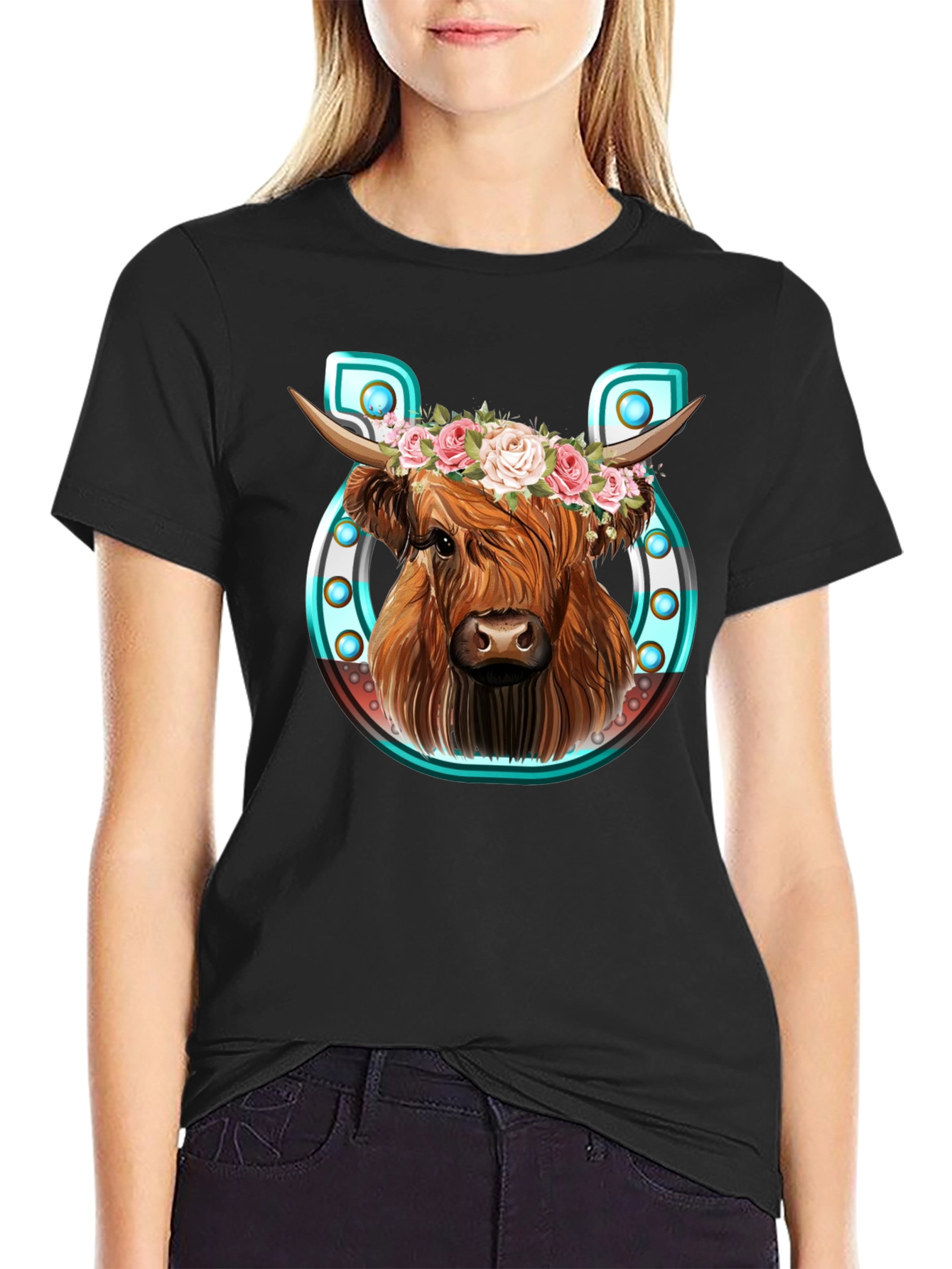 Black Highland Cow Flower Crown Graphic Tee view 2