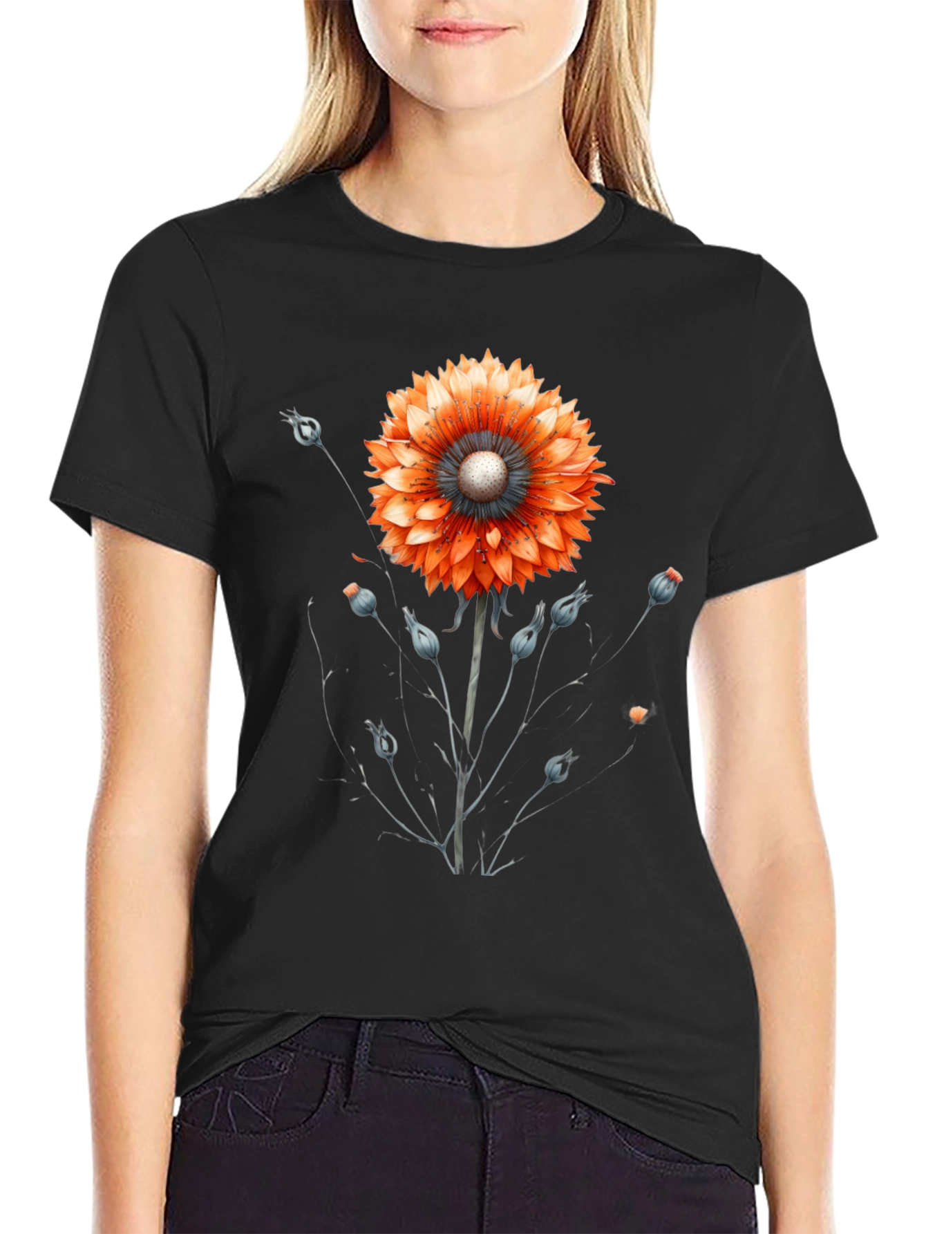 Black Floral Graphic Tee - Orange Bloom on Black view 2