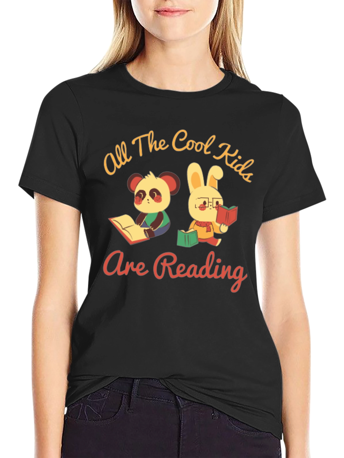 Black Cool Kids Reading T-Shirt: Panda & Bunny view 2