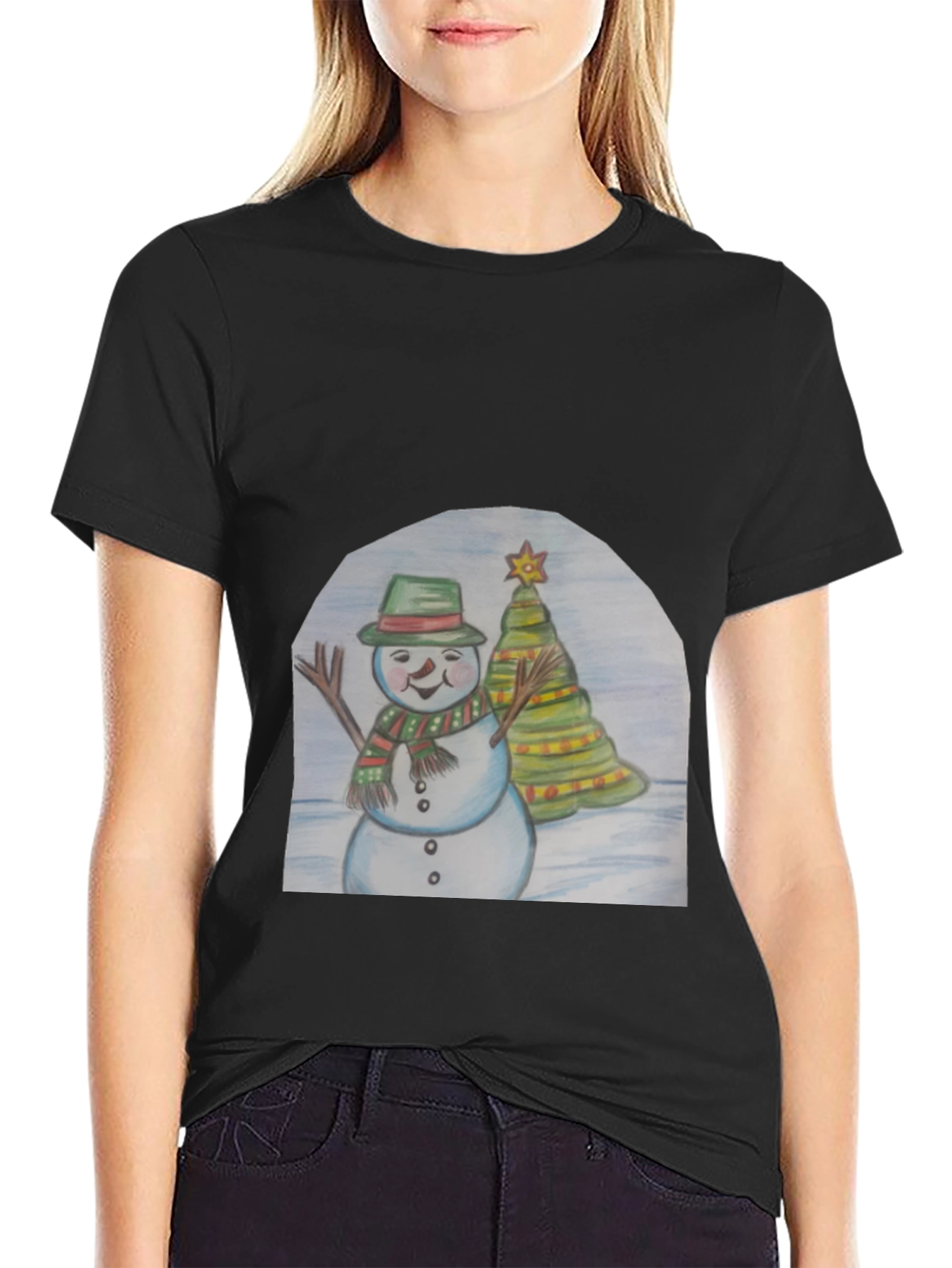 Black Festive Snowman & Christmas Tree T-Shirt view 2