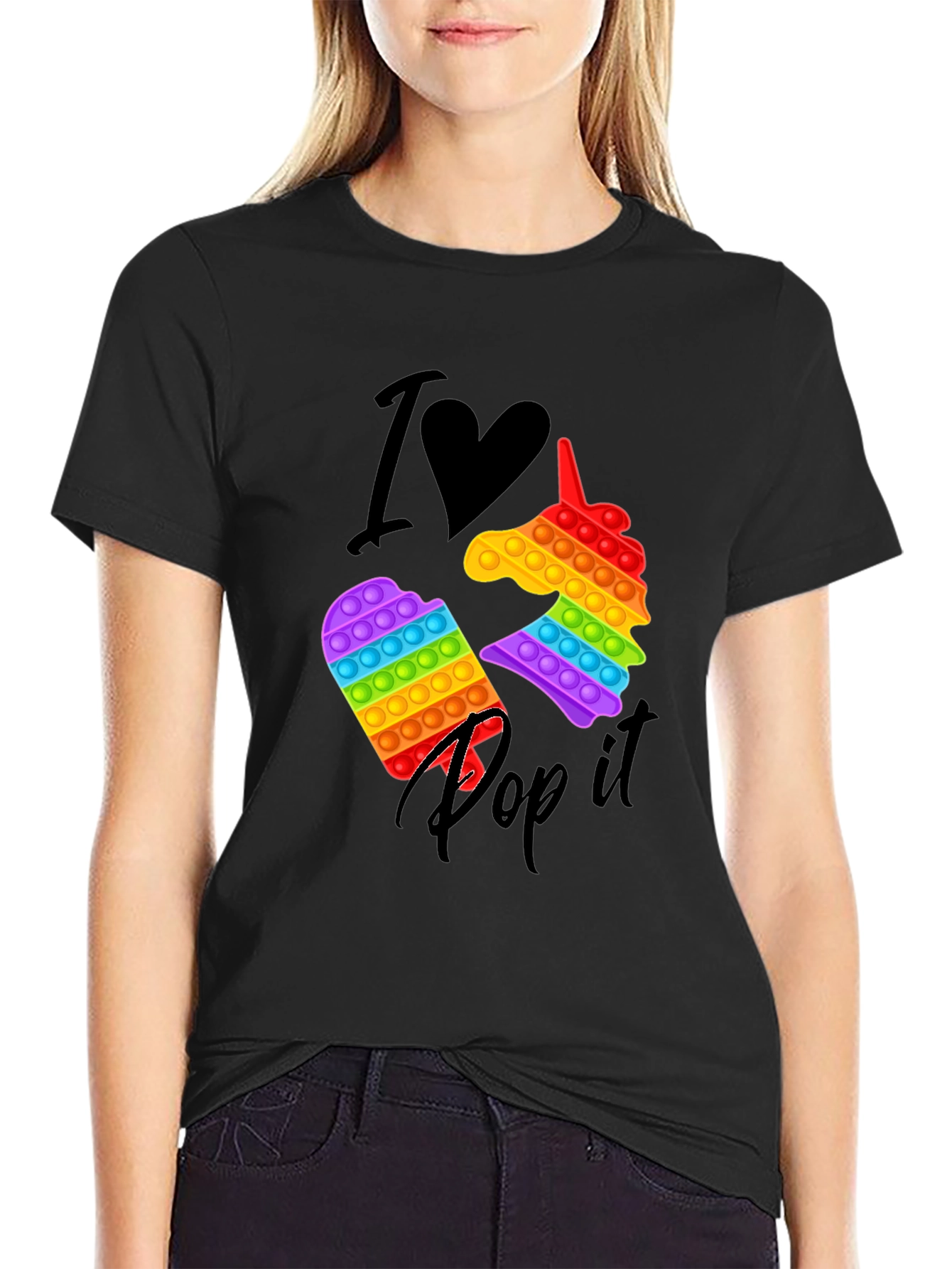 Black I Love Pop It T-Shirt, Unicorn & Square Design view 2