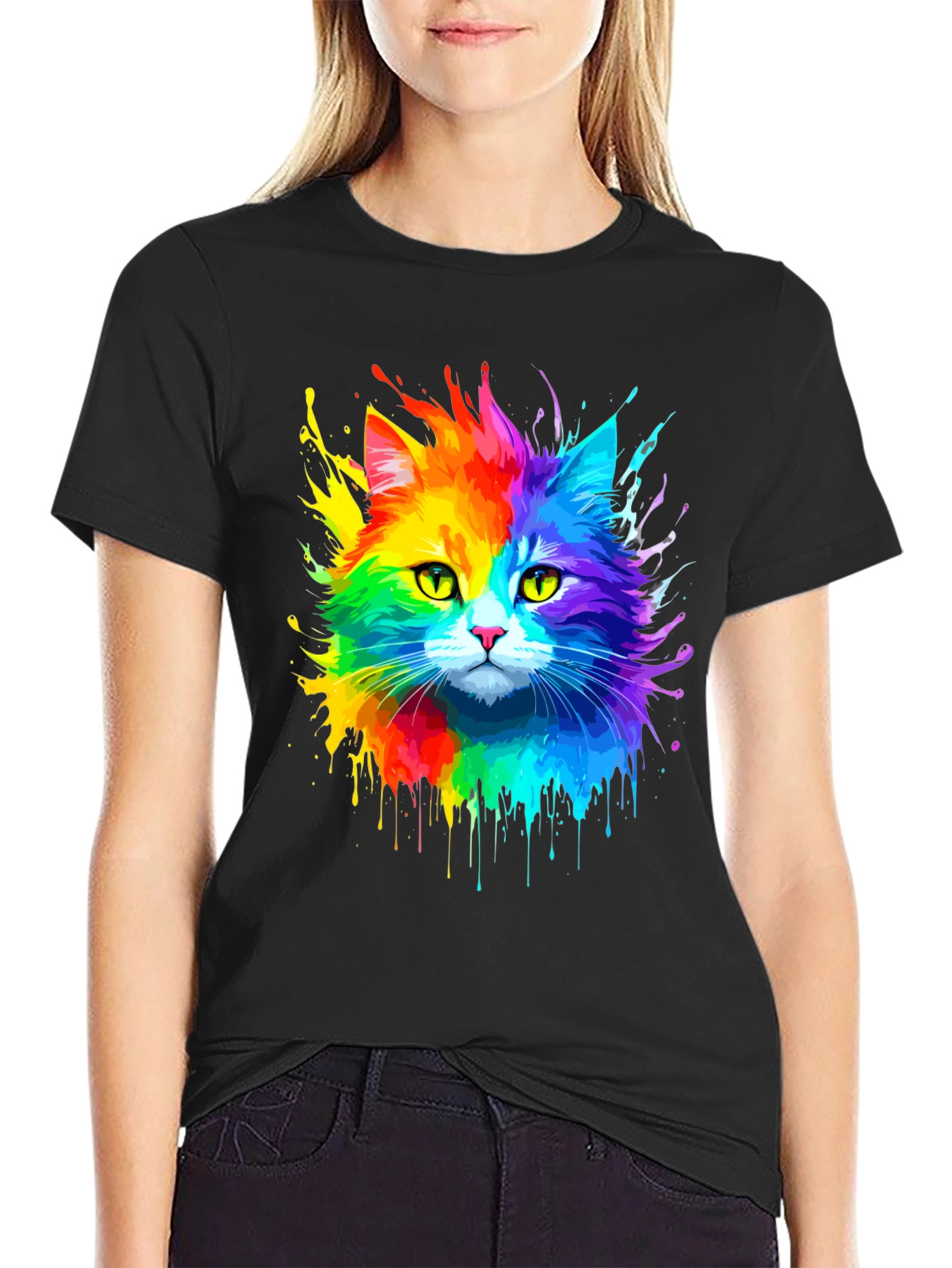 Black Rainbow Cat Graphic Tee - Vibrant Design view 2