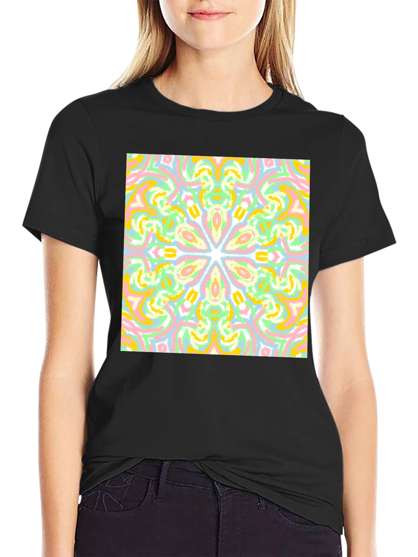Black Colorful Mandala Graphic Tee - Black Cotton Casual T-Shirt view 2