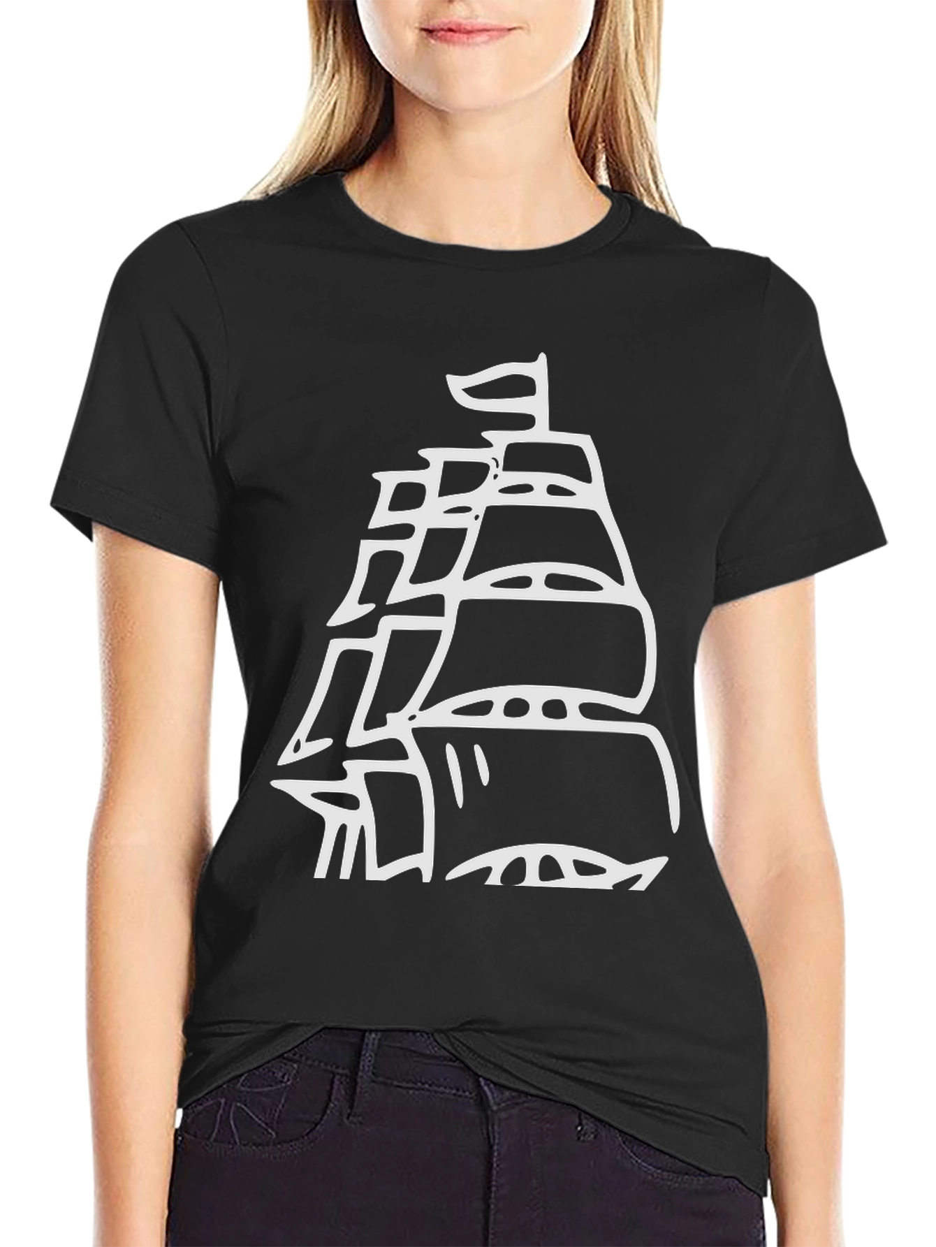 Black Black T-Shirt with White Ship Graphic view 2