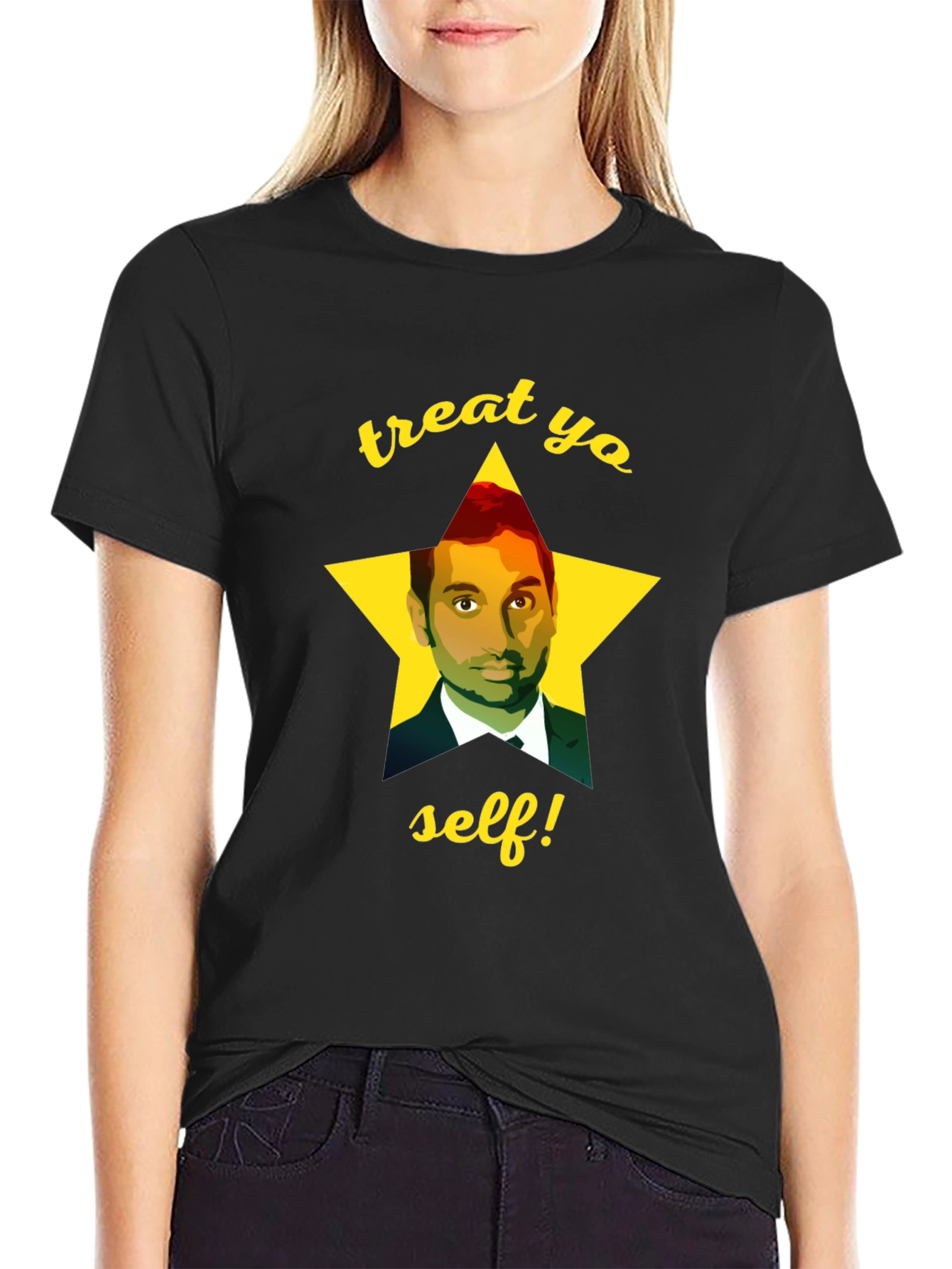 Black Treat Yo Self Aziz Ansari T-Shirt view 2