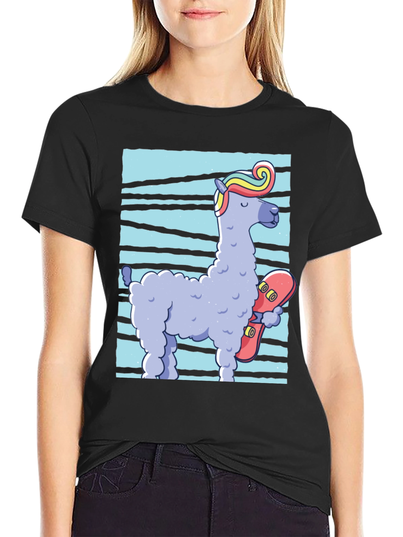 Black Llama Skateboarder Graphic Tee - Black Cotton Blend view 2