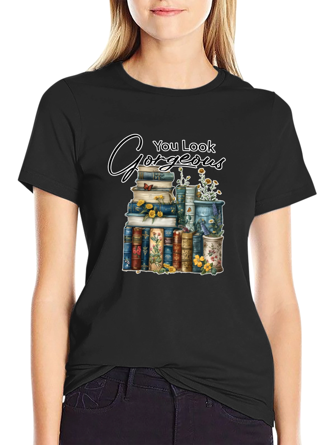 Black Gorgeous Book Stack T-Shirt view 2