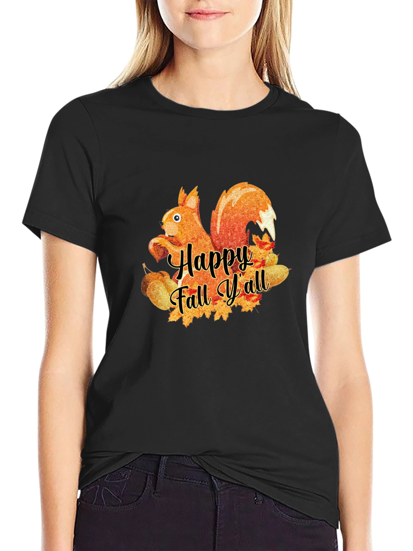 Black Happy Fall Y'all Squirrel T-Shirt view 2