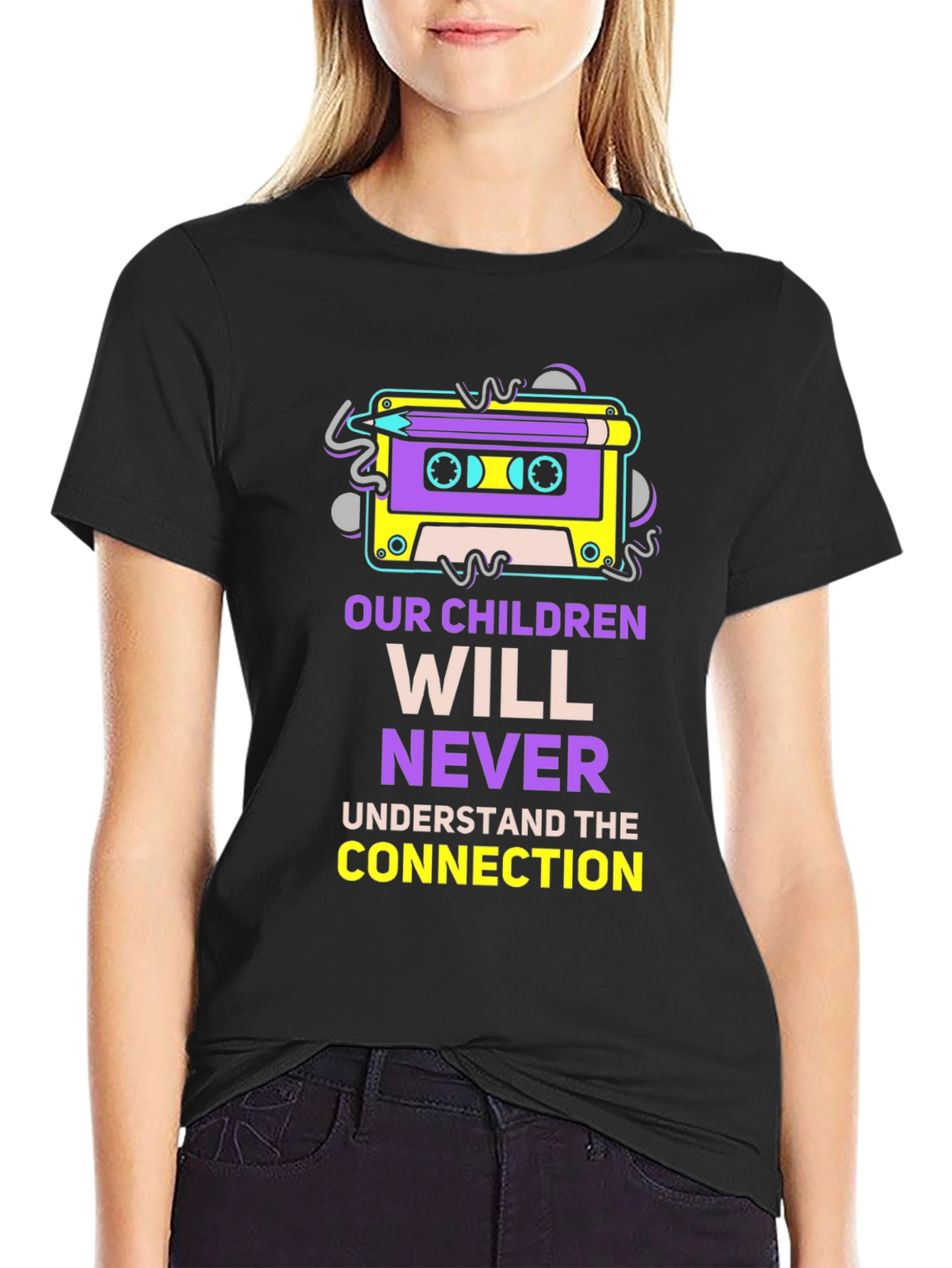 Black Retro Cassette Tape & Pencil Graphic T-Shirt view 2