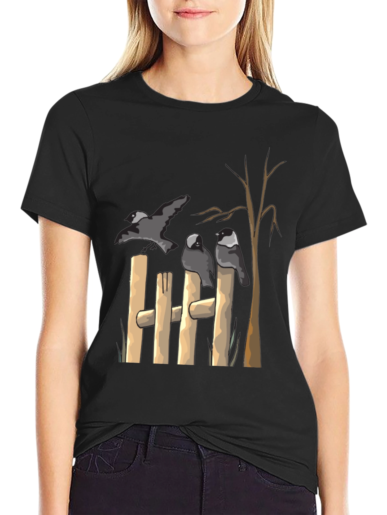 Black Birds on Fence Graphic Black T-Shirt view 2