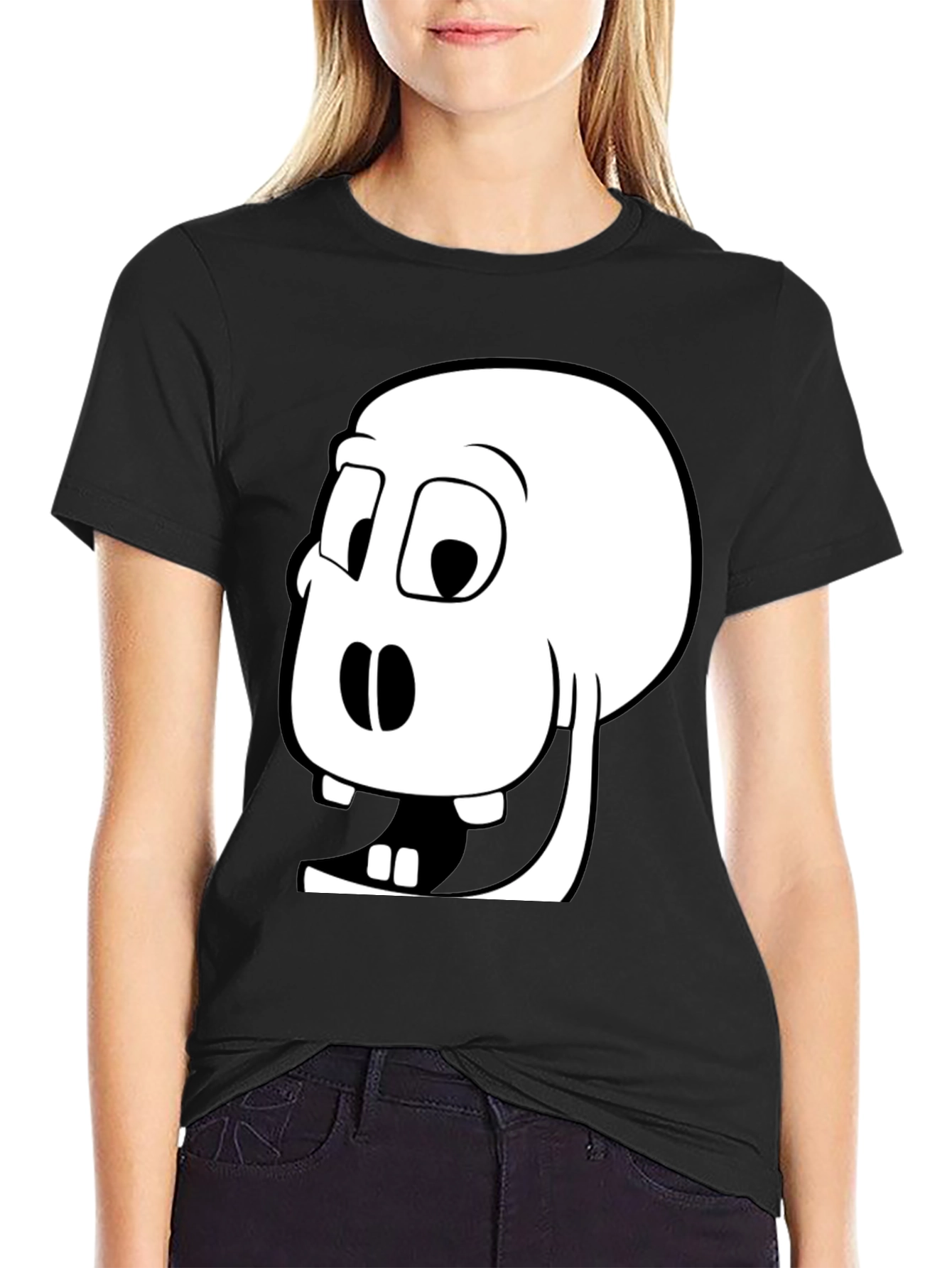 Black Funny Cartoon Skull Graphic Tee - Black Cotton Blend view 2