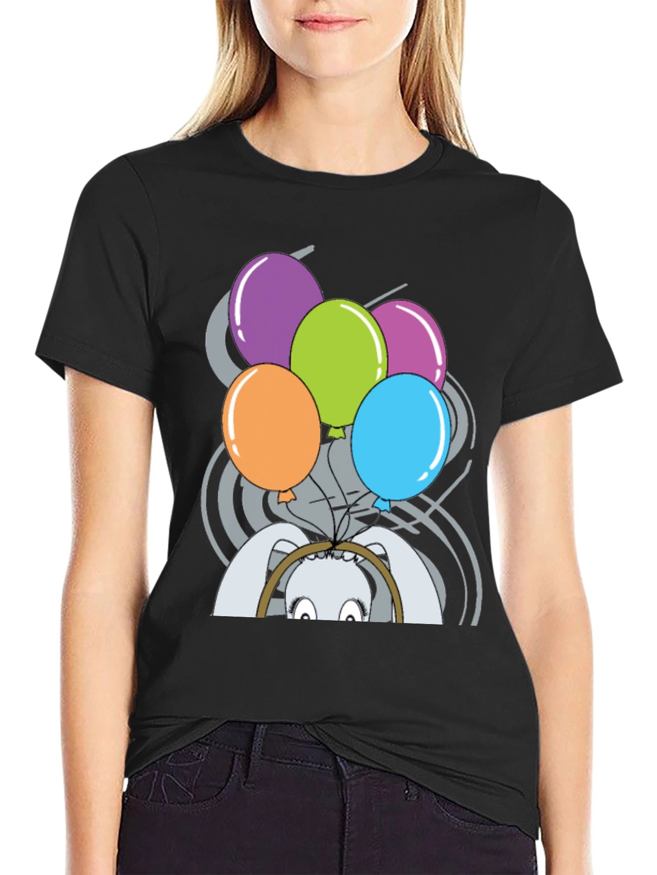 Black Funny Rabbit with Balloons T-Shirt view 2
