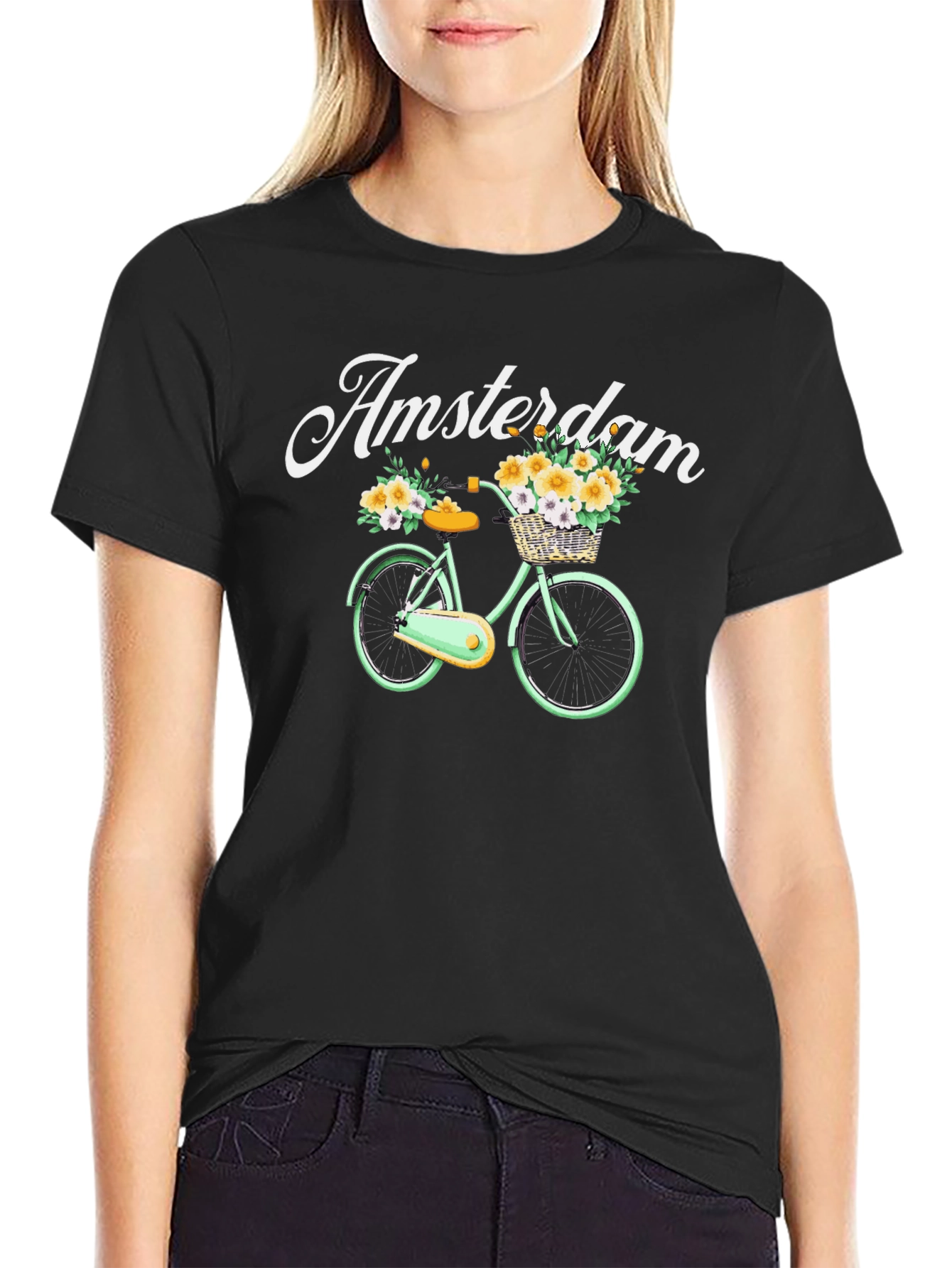 Black Amsterdam Bicycle Graphic Tee - Floral Basket Design view 2