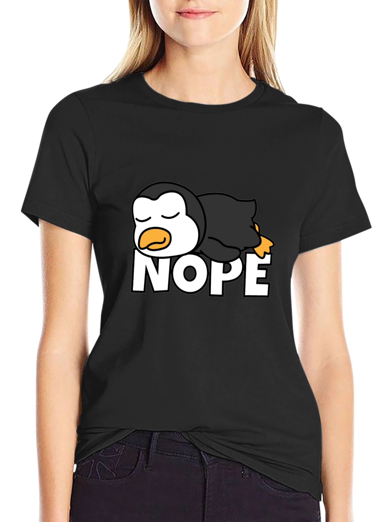 Black Nope Penguin T-Shirt - Funny Lazy Bird Tee view 2