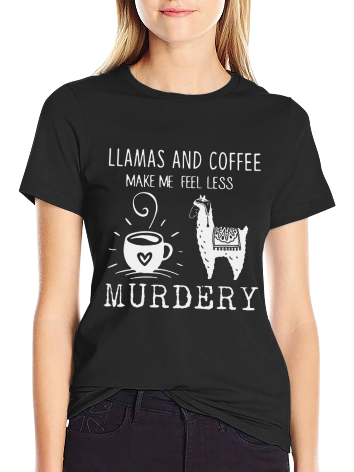 Black Llamas & Coffee Make Me Feel Less Murdery T-Shirt view 2