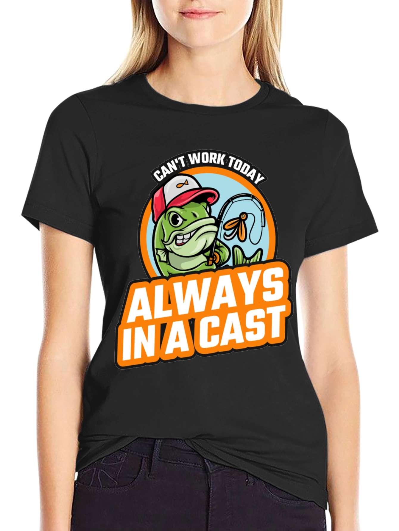 Black Funny Fishing T-Shirt - "Always In A Cast" view 2
