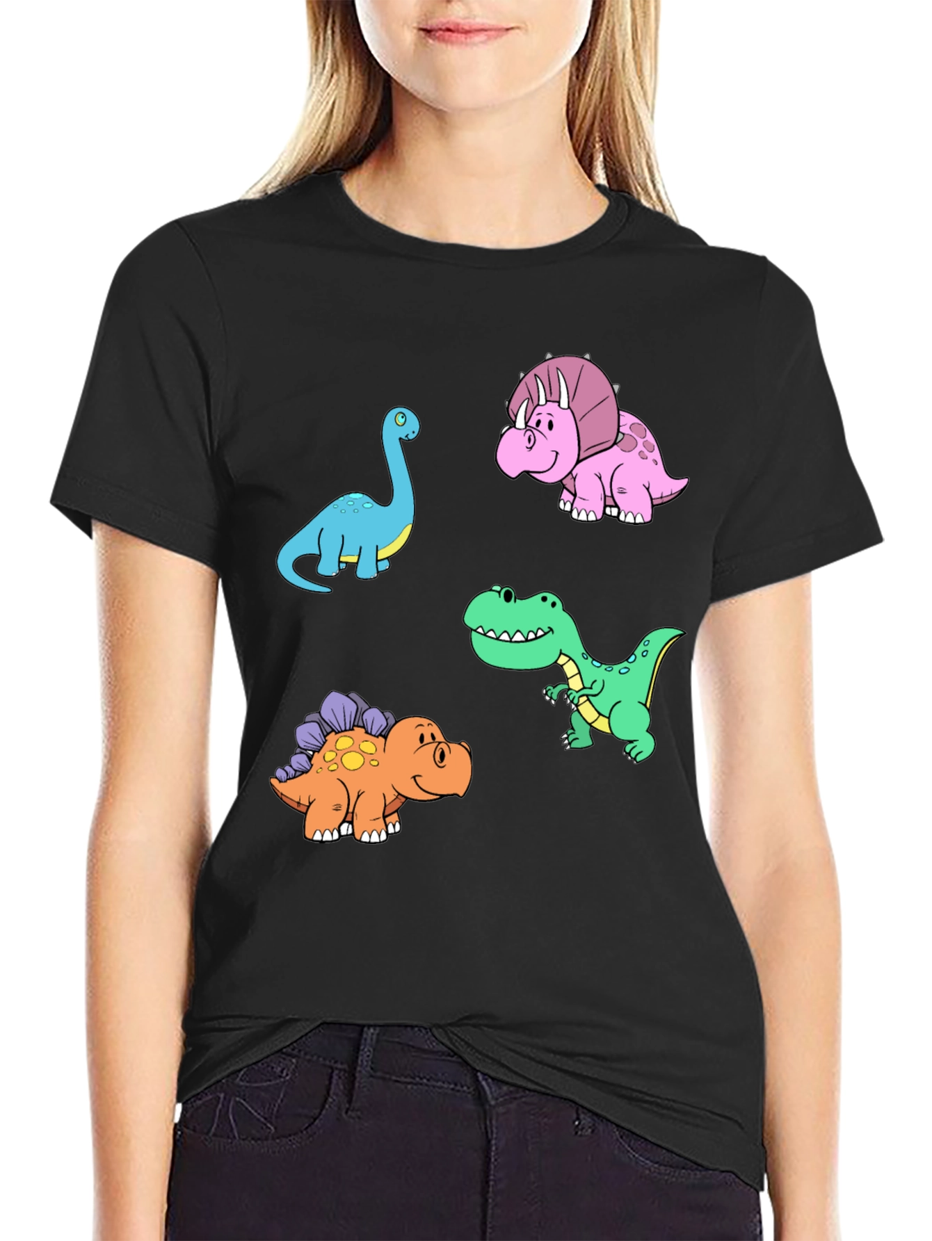 Black Dinosaur Cartoon Print Black T-Shirt view 2