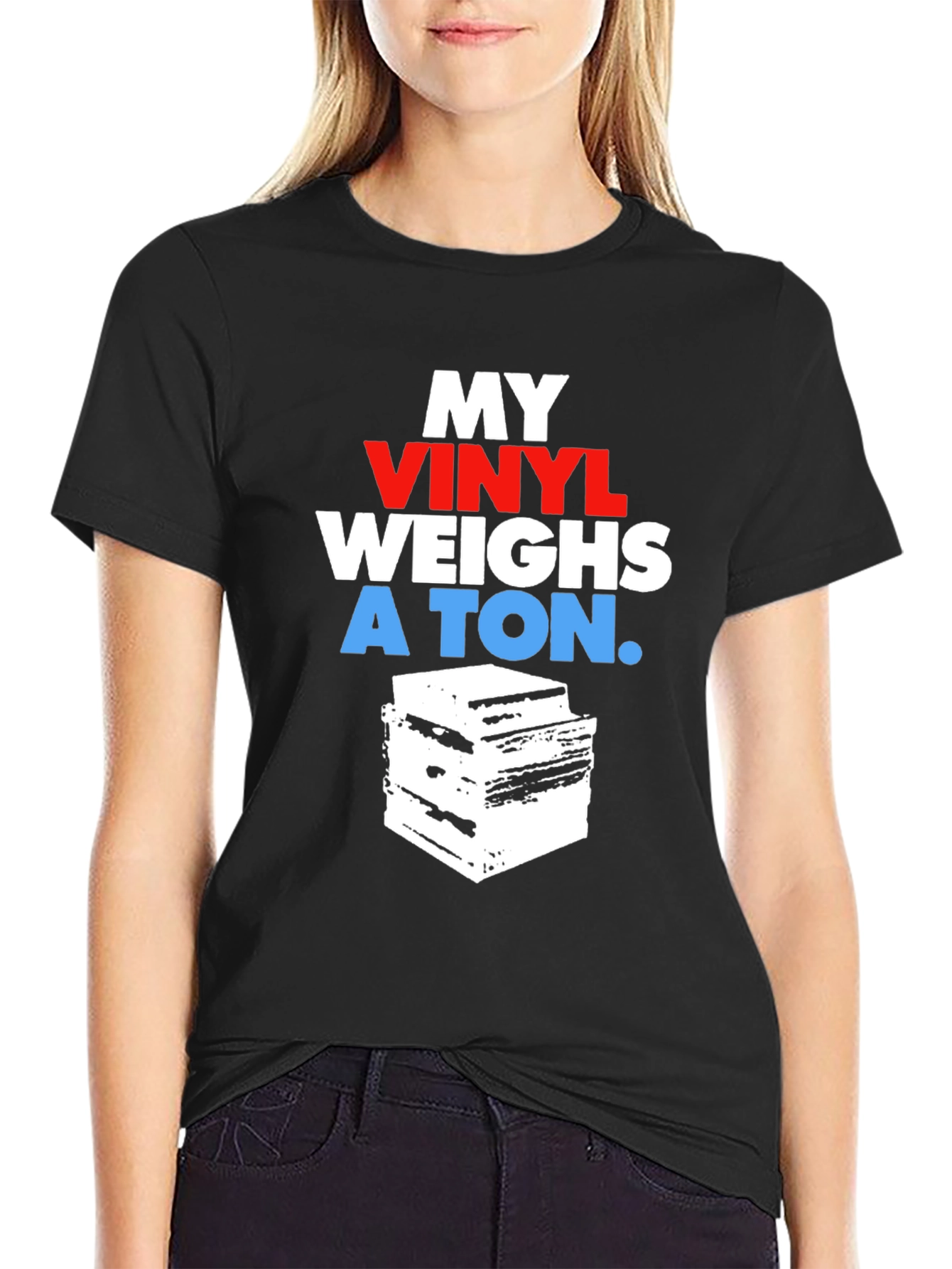 Black Vinyl Record Collector T-Shirt - My Vinyl Weighs a Ton view 2
