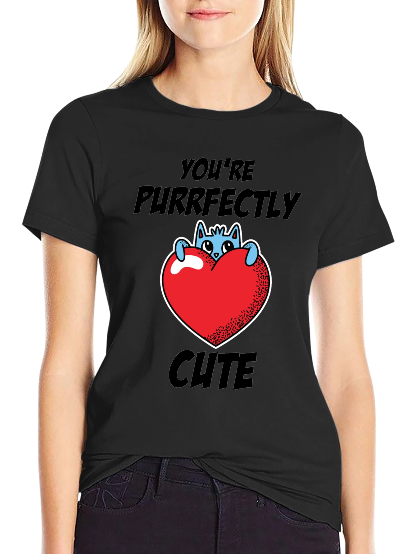 Black Purrfectly Cute Cat Heart Graphic T-Shirt view 2