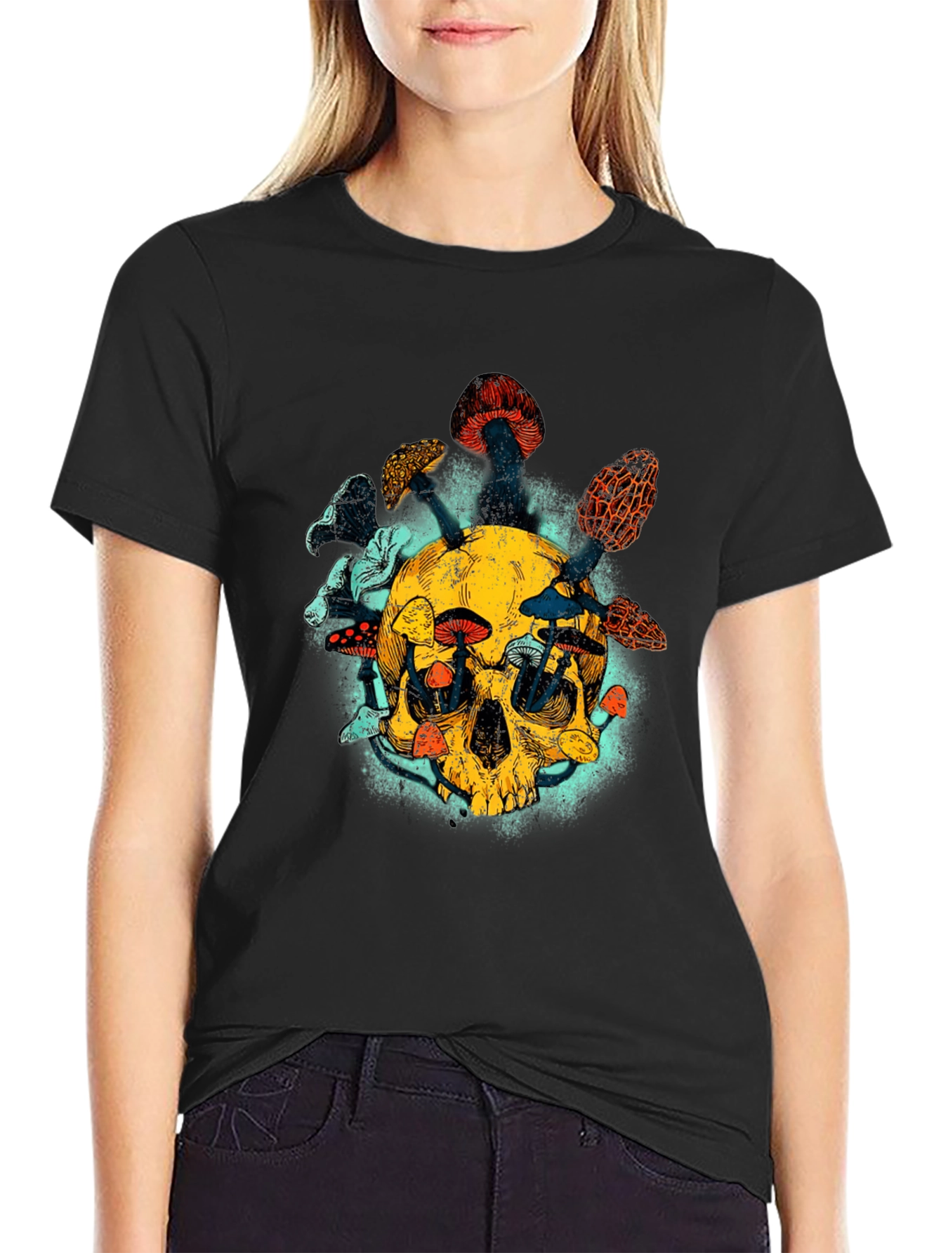 Black Skull & Mushroom Graphic Tee - Unique Design view 2