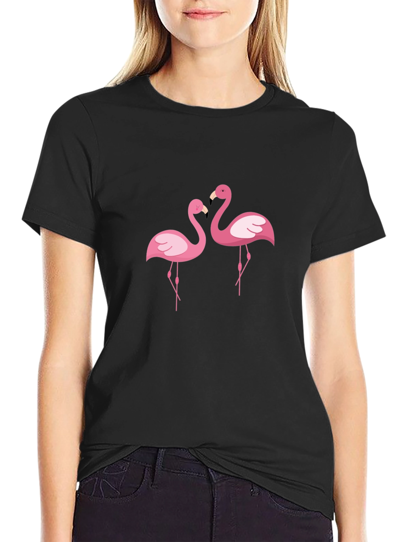 Black Black T-Shirt with Pink Flamingo Design view 2