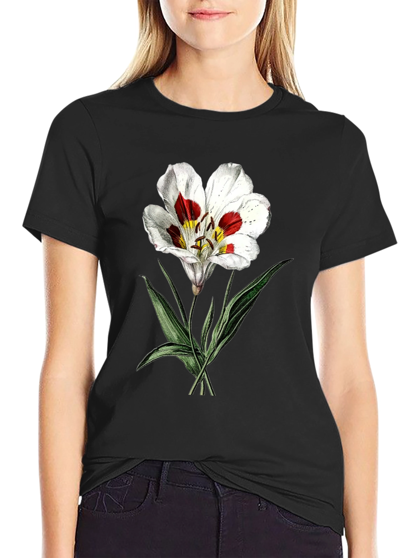 Black Botanical Lily Graphic Tee - Black view 2
