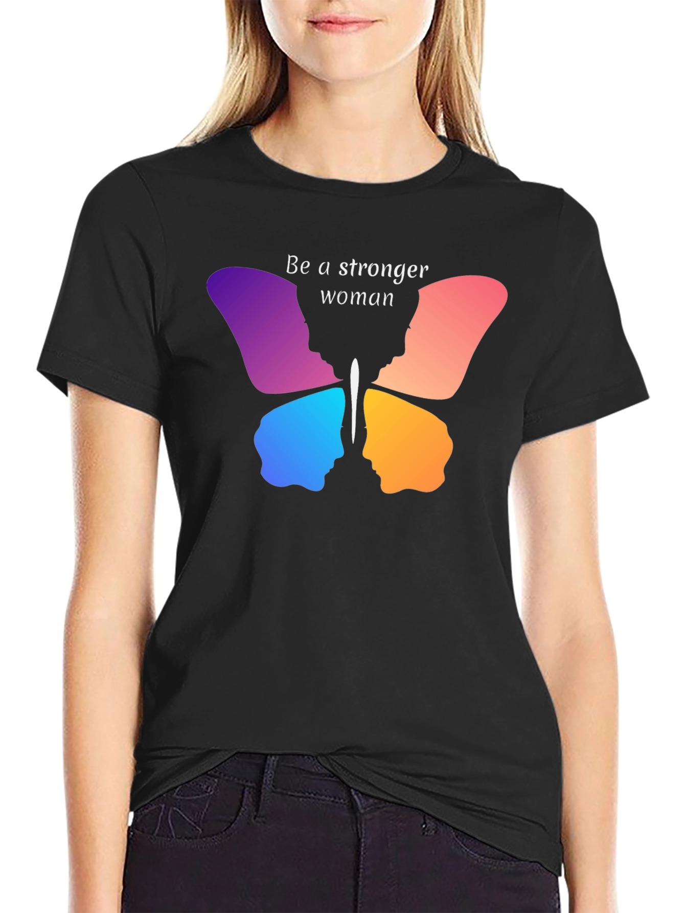 Black Stronger Woman Butterfly Graphic Tee view 2