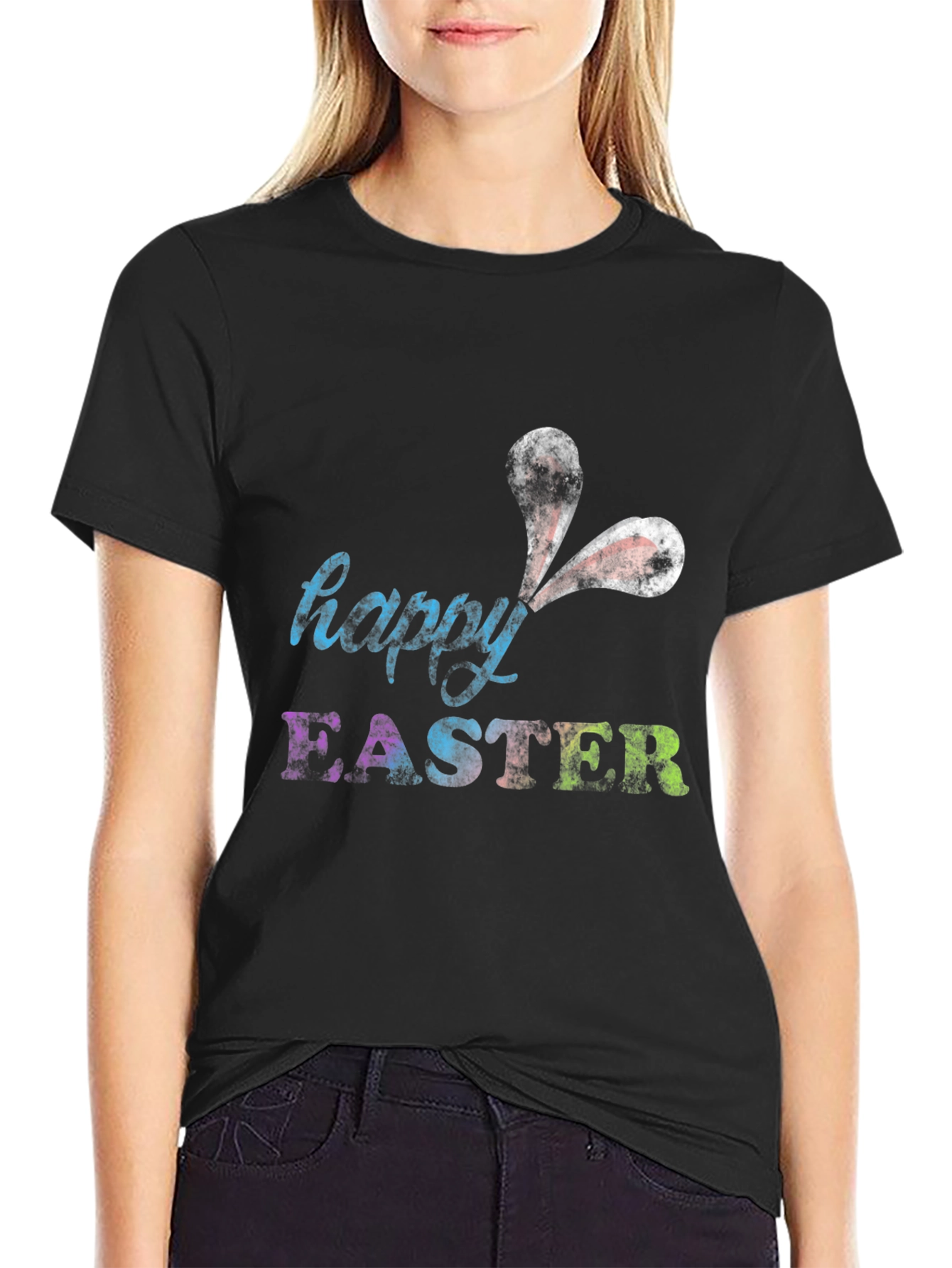 Black Happy Easter Bunny Ears T-Shirt view 2