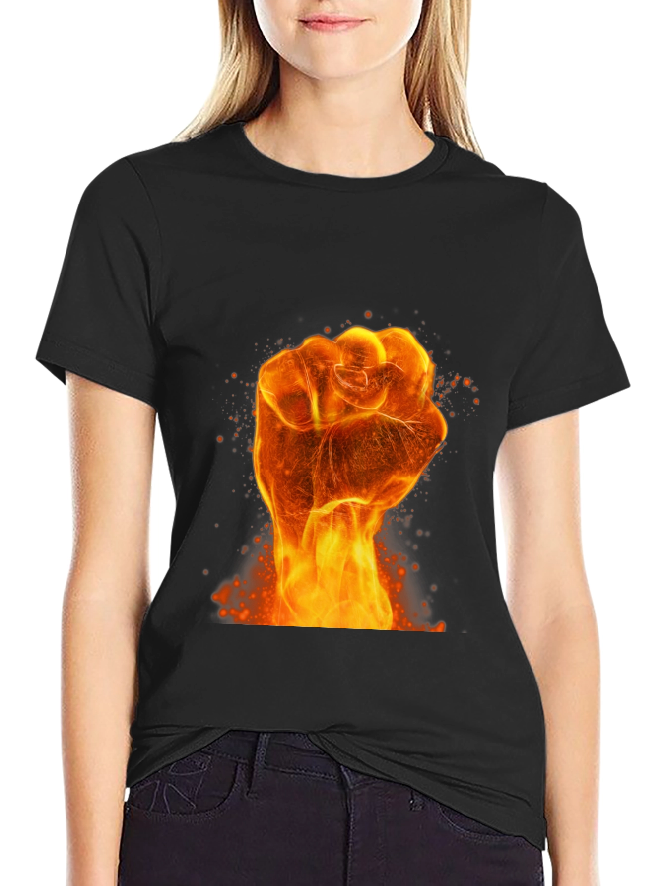 Black Fiery Fist Graphic Print Black T-Shirt view 2