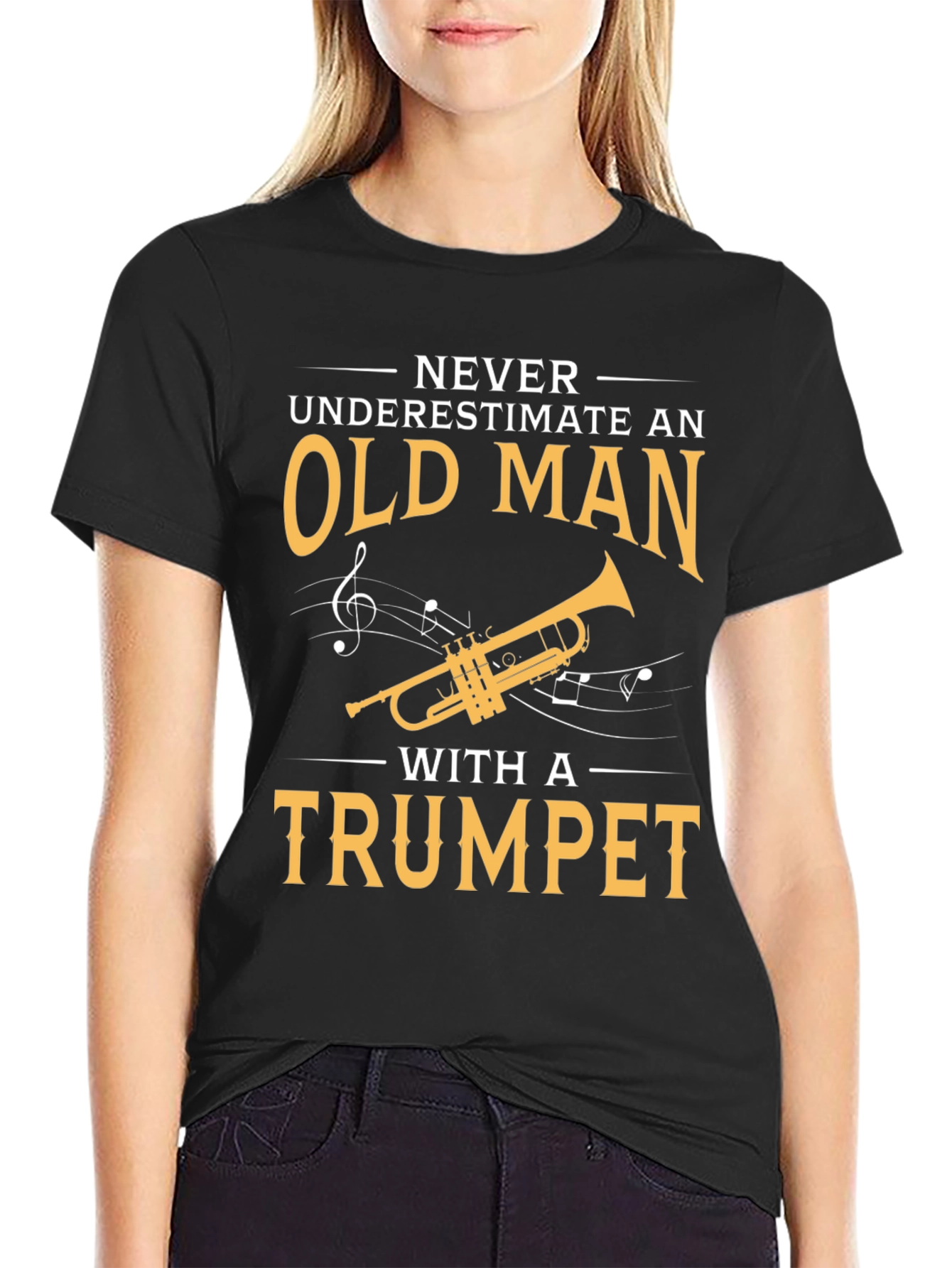 Black Never Underestimate Old Man with Trumpet T-Shirt view 2