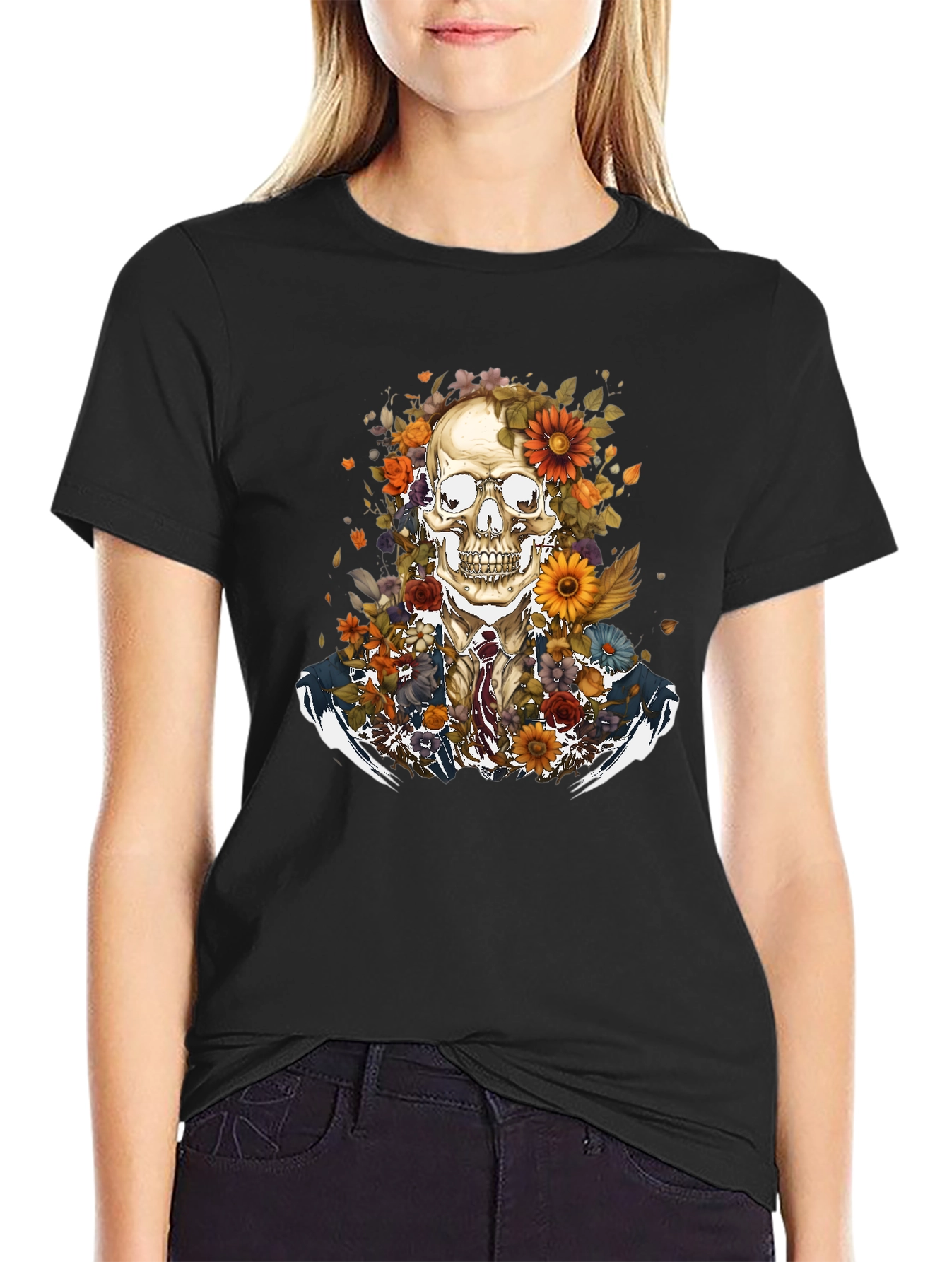 Black Floral Skull Graphic Tee - Stylish Menswear view 2