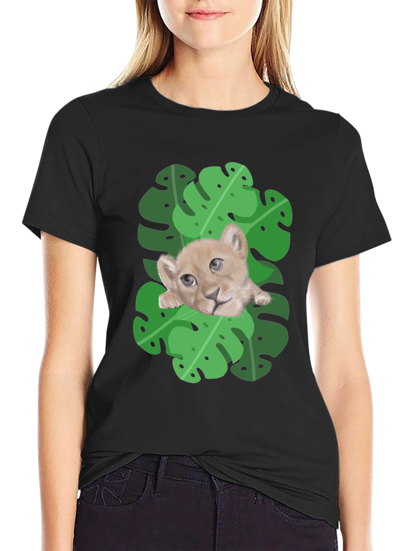 Black Lion Cub in Leaves Graphic T-Shirt - Black view 2
