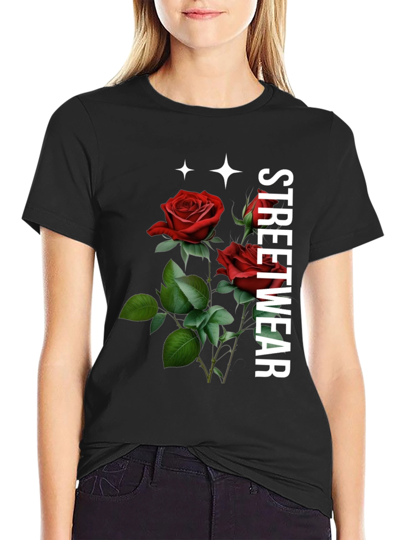 Black Streetwear Rose Graphic Tee - Classic Black view 2