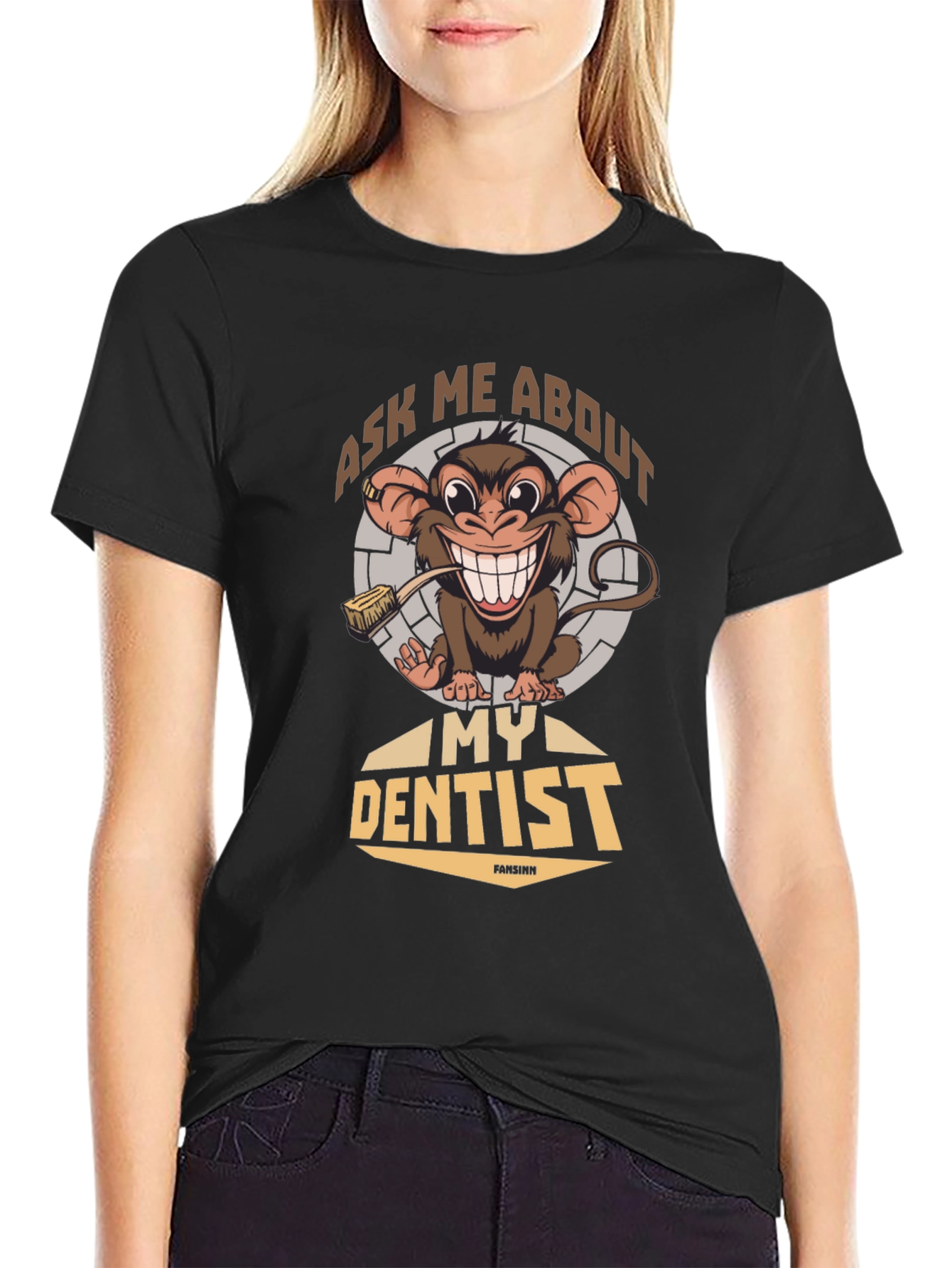 Black Funny Monkey Dentist T-Shirt - Ask Me About My Dentist view 2